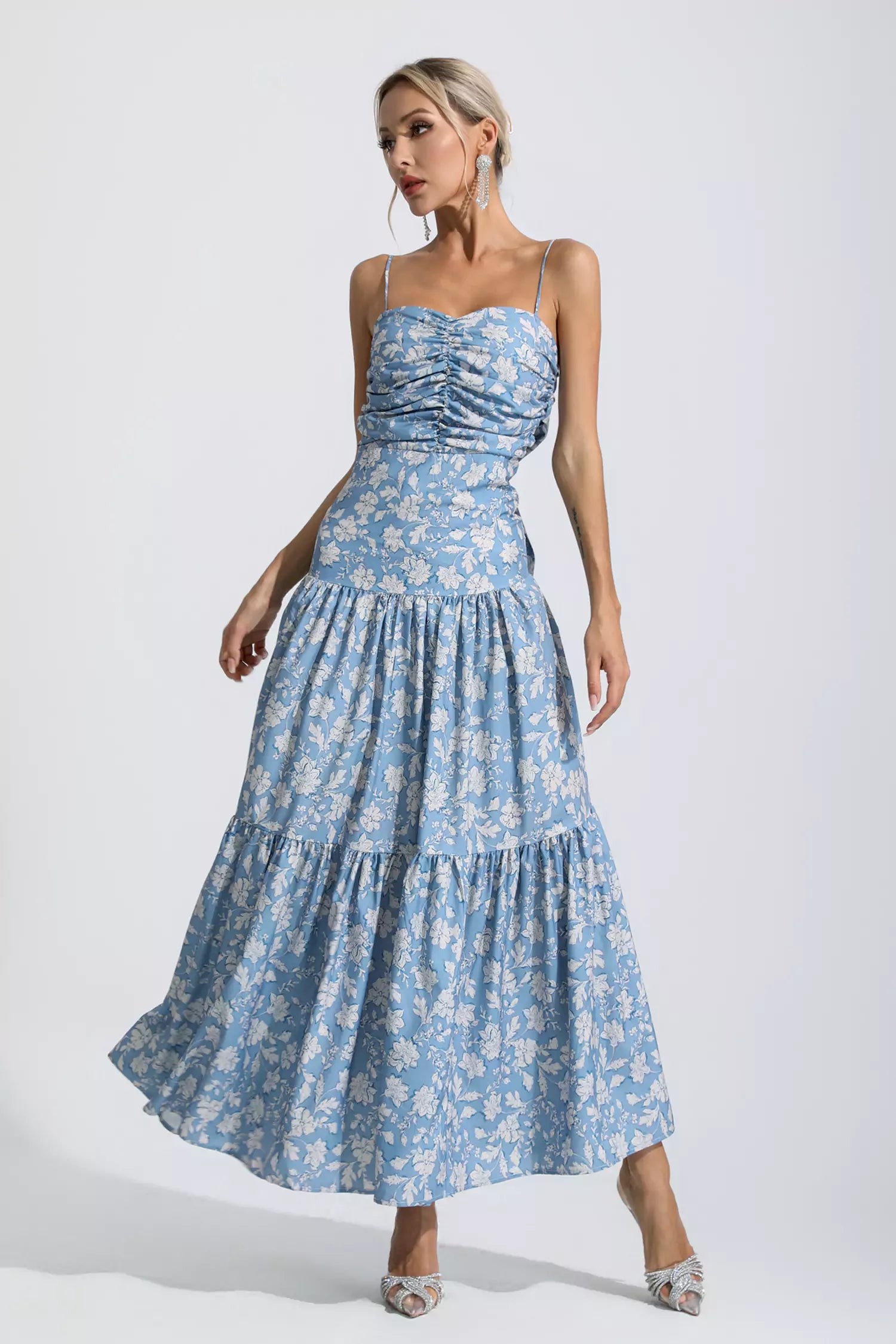Lyra Blue Floral Ruched Slip Maxi Dress-CATCHALL