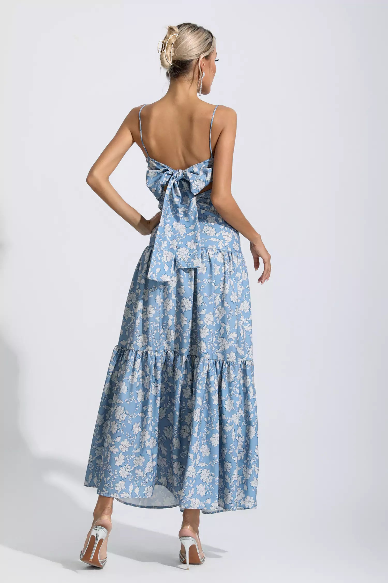 Lyra Blue Floral Ruched Slip Maxi Dress-CATCHALL