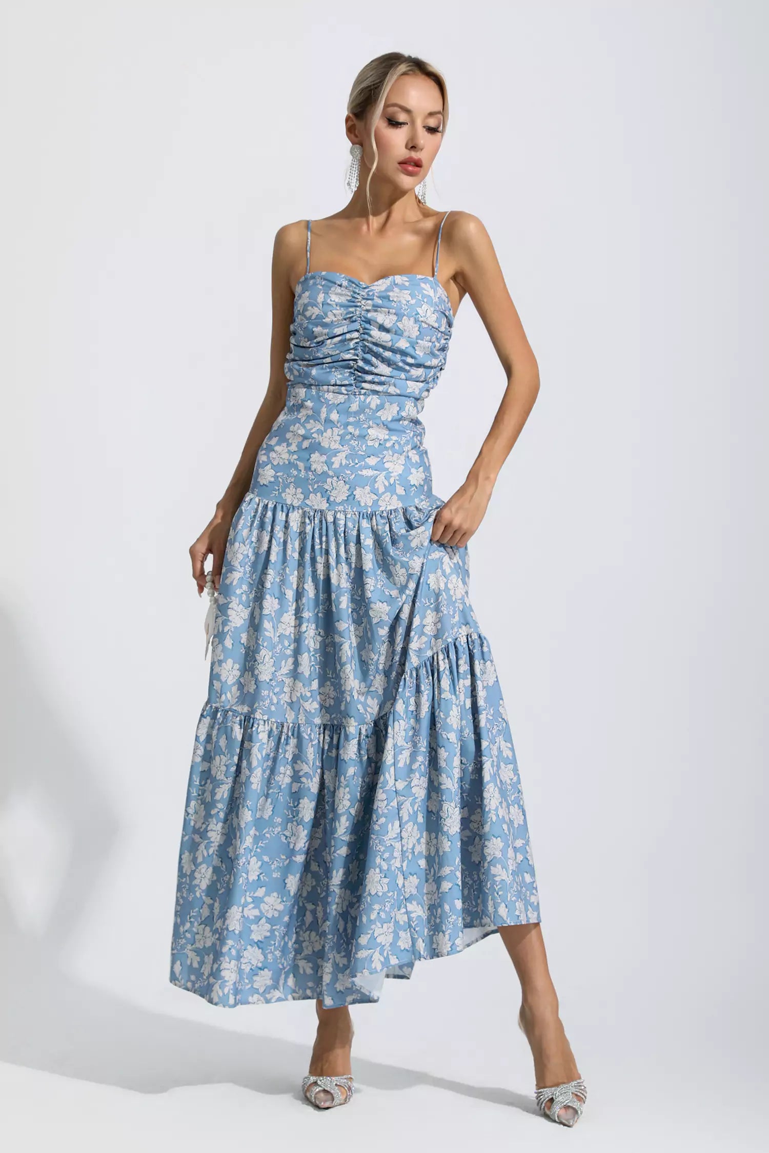 Lyra Blue Floral Ruched Slip Maxi Dress-CATCHALL