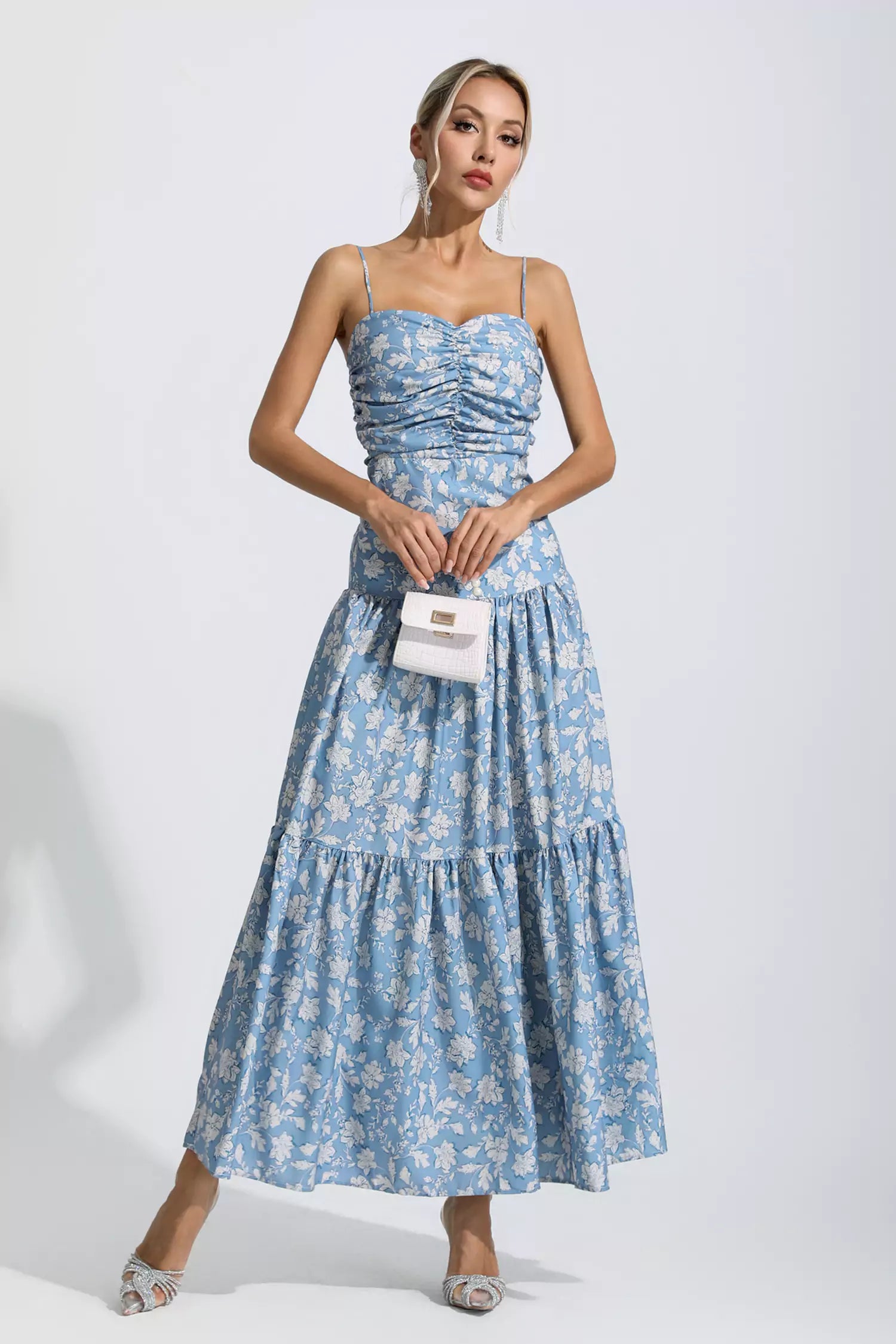 Lyra Blue Floral Ruched Slip Maxi Dress-CATCHALL