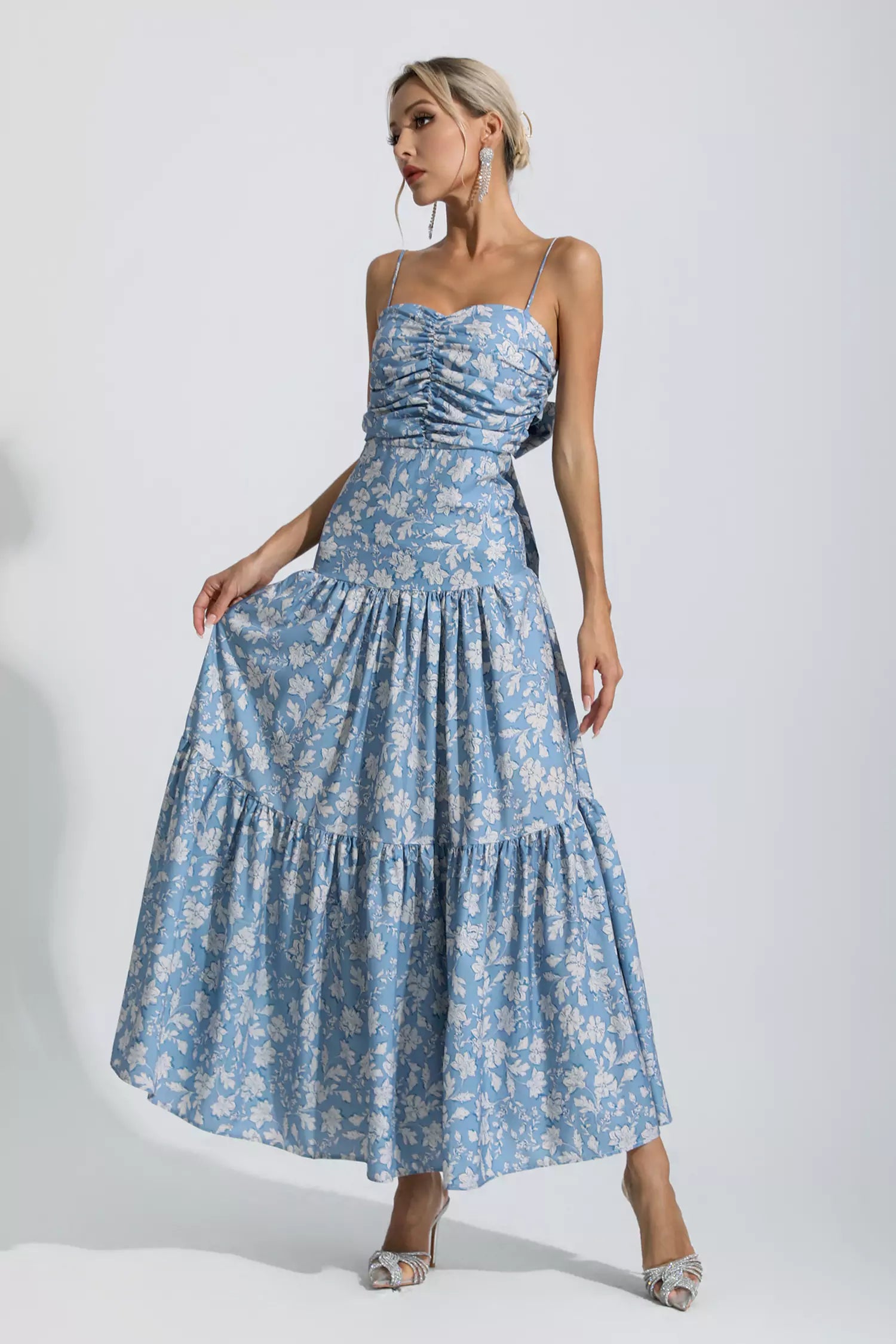 Lyra Blue Floral Ruched Slip Maxi Dress-CATCHALL