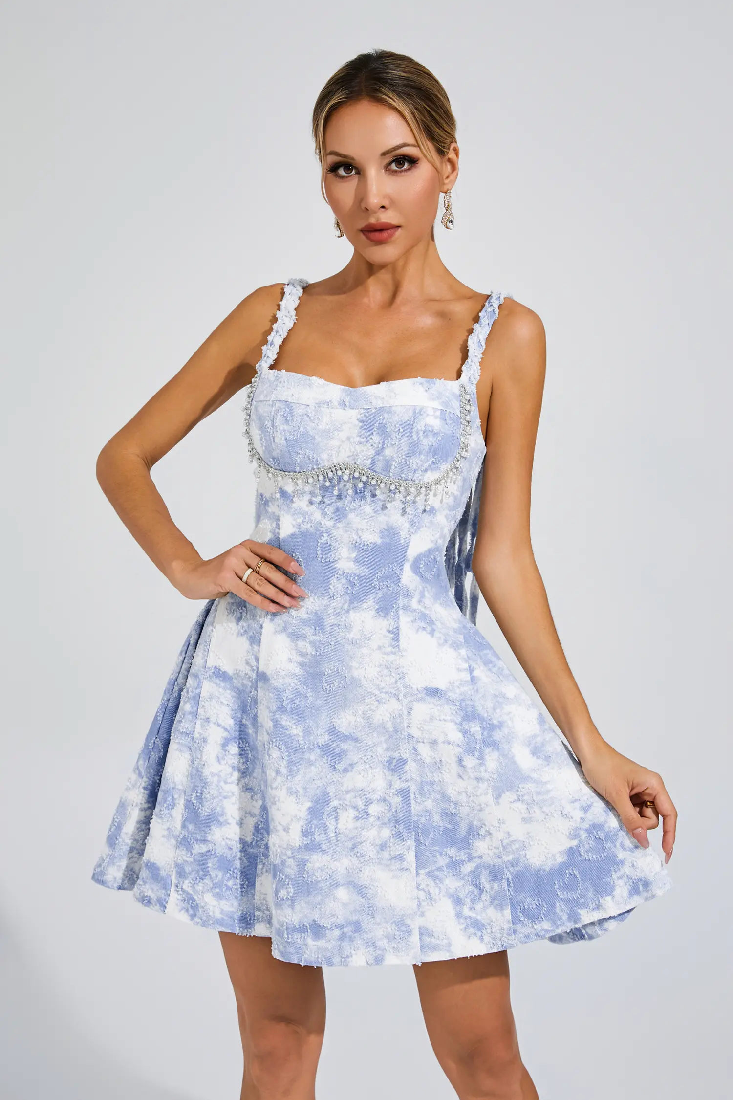 Macaulay Blue Pearls Mini Slip Dress-CATCHALL