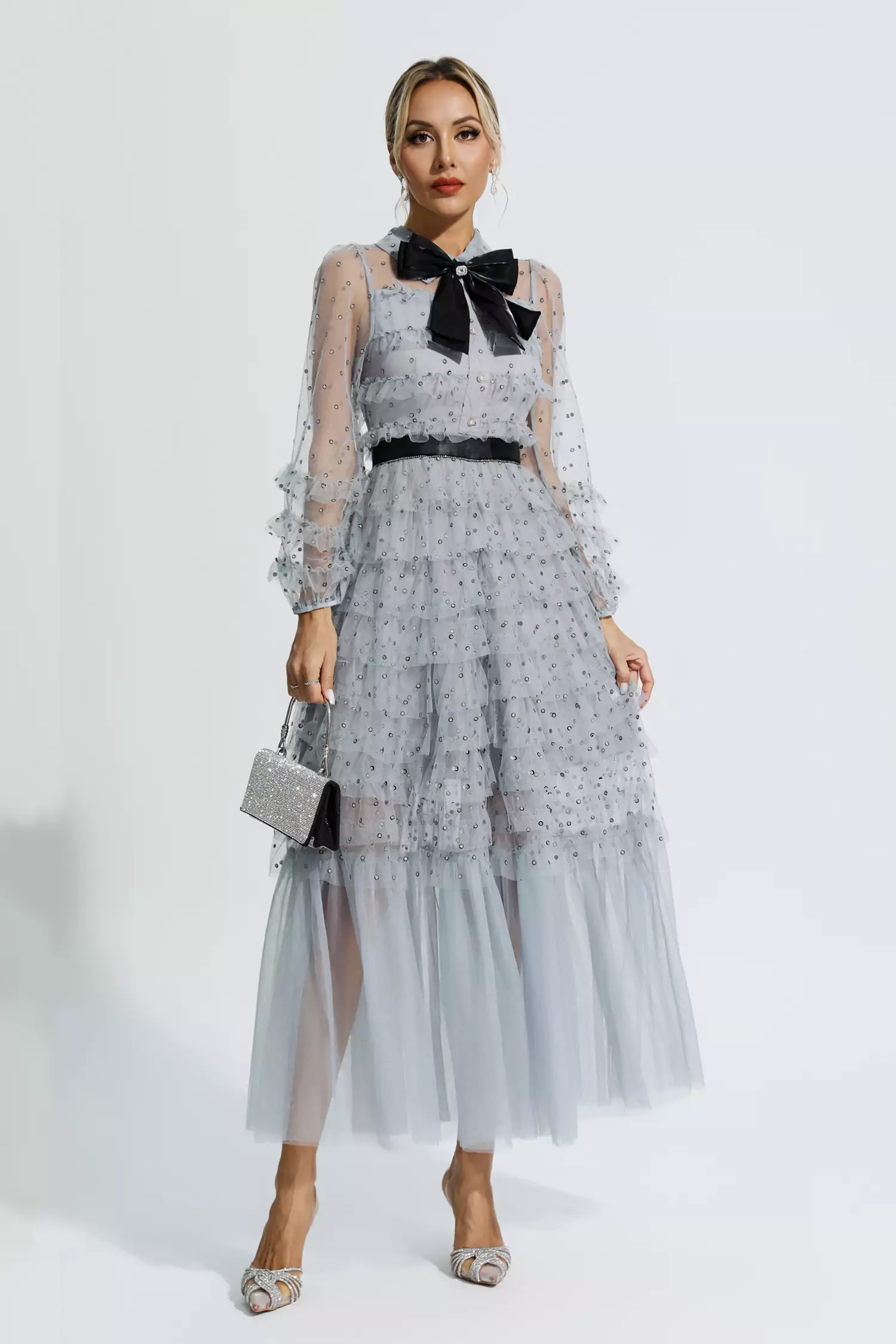 Maddison Grey Polka Dot Maxi Dress-CATCHALL