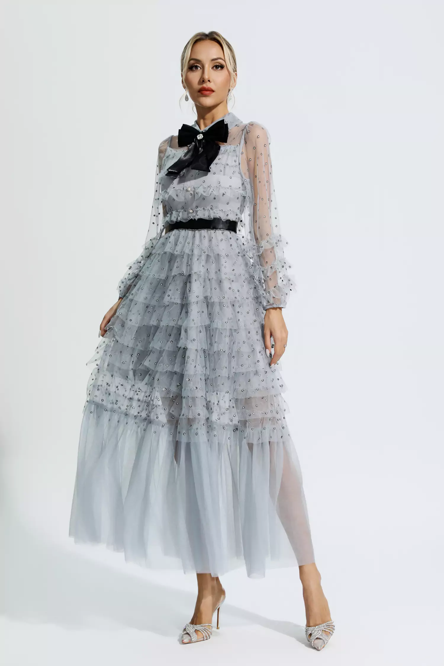 Maddison Grey Polka Dot Maxi Dress-CATCHALL