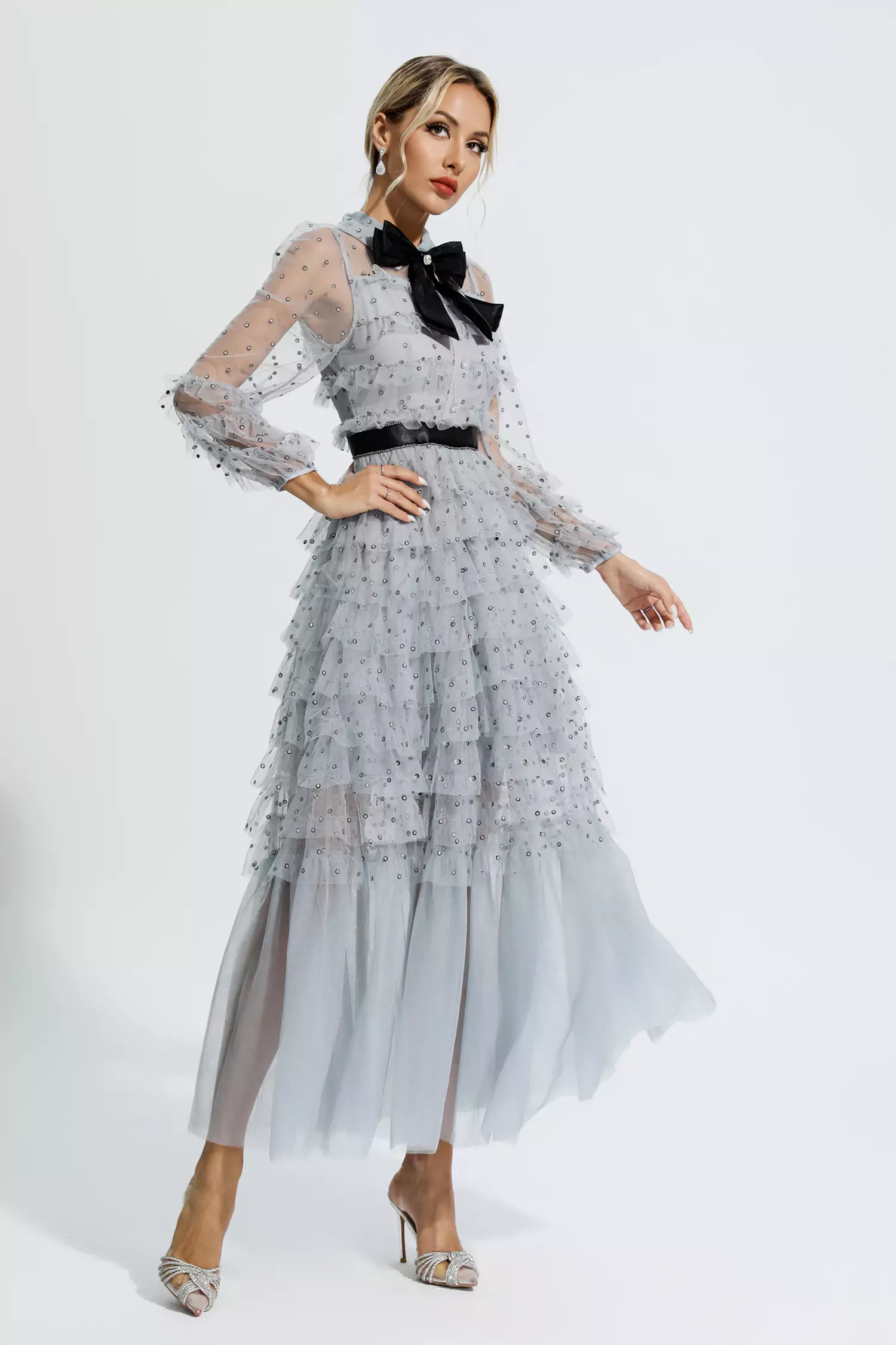 Maddison Grey Polka Dot Maxi Dress-CATCHALL