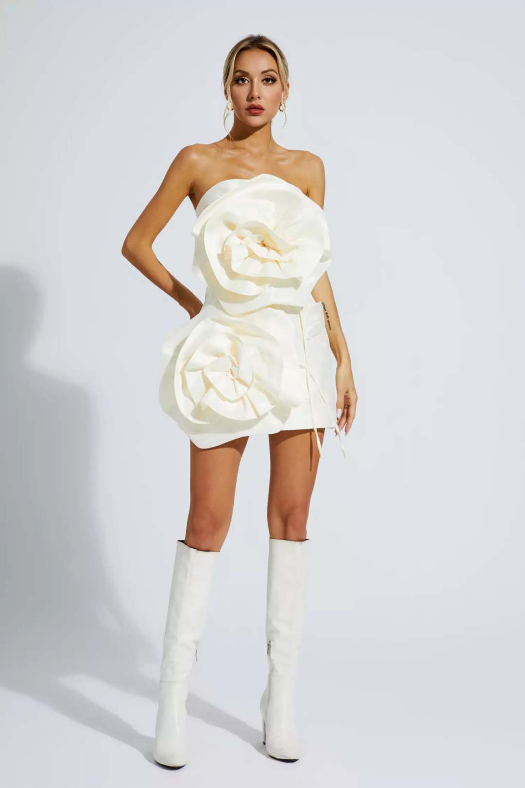 Off White Floral Embroidery Strapless Mini Dress