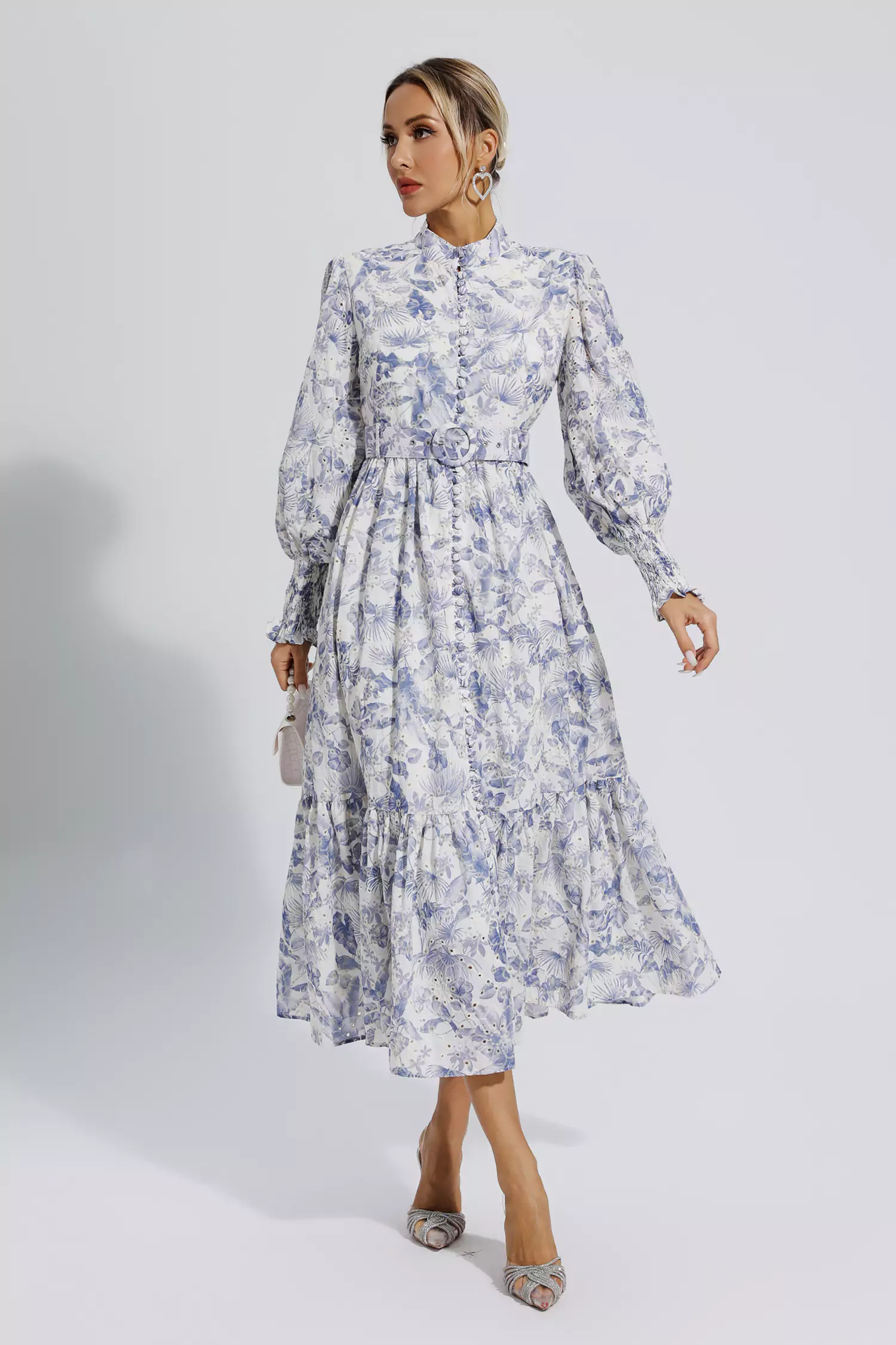 Madilynn Blue Floral Long Sleeve Maxi Dress-CATCHALL