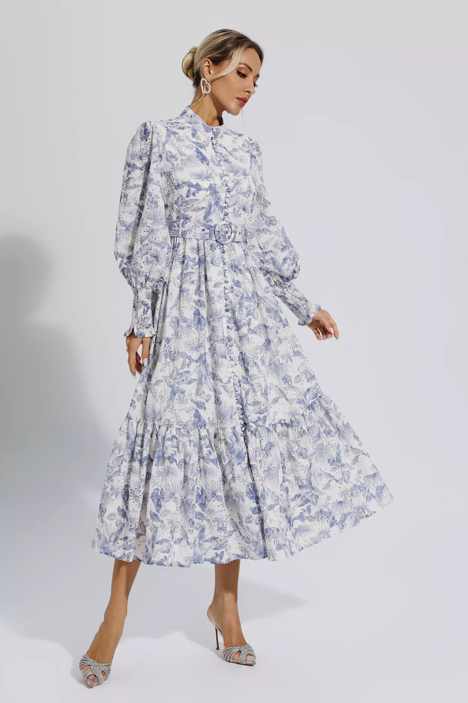 Madilynn Blue Floral Long Sleeve Maxi Dress-CATCHALL