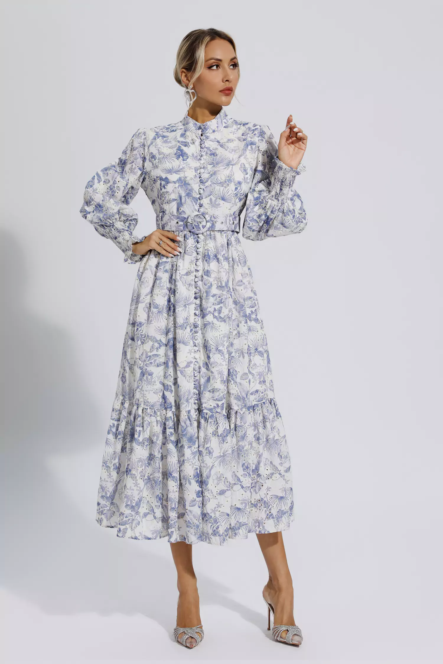 Madilynn Blue Floral Long Sleeve Maxi Dress-CATCHALL