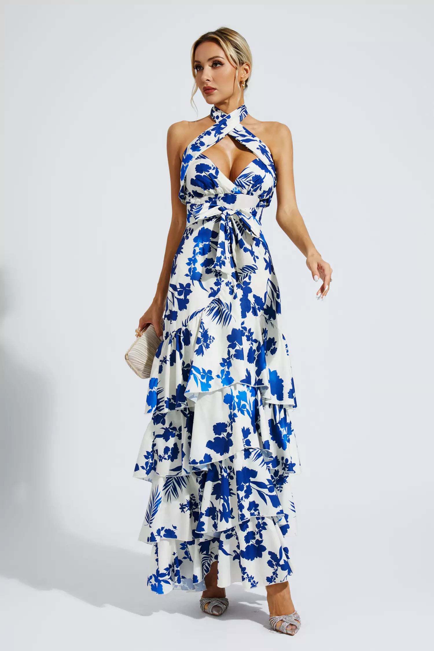 Mae Blue Bohemian Lace-up Maxi Dress-CATCHALL