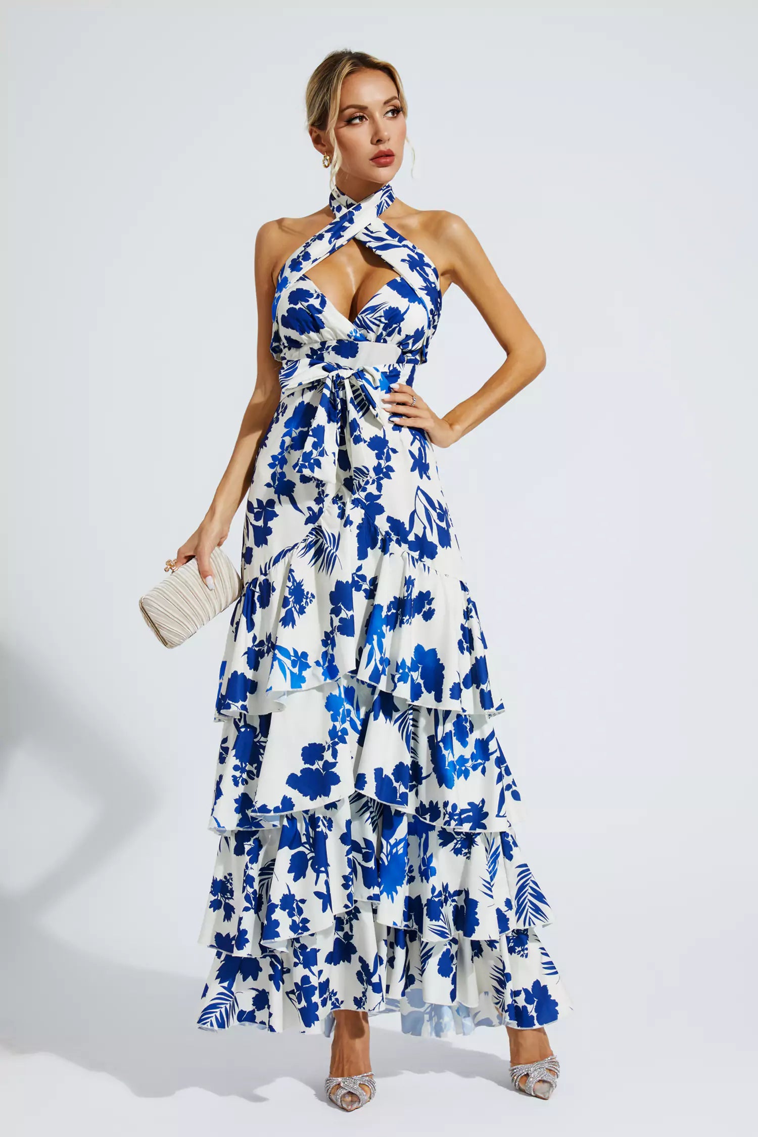 Mae Blue Bohemian Lace-up Maxi Dress-CATCHALL