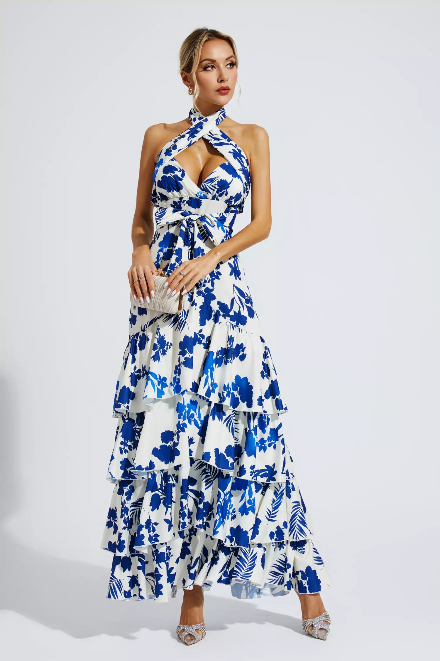 Mae Blue Bohemian Lace-up Maxi Dress-CATCHALL