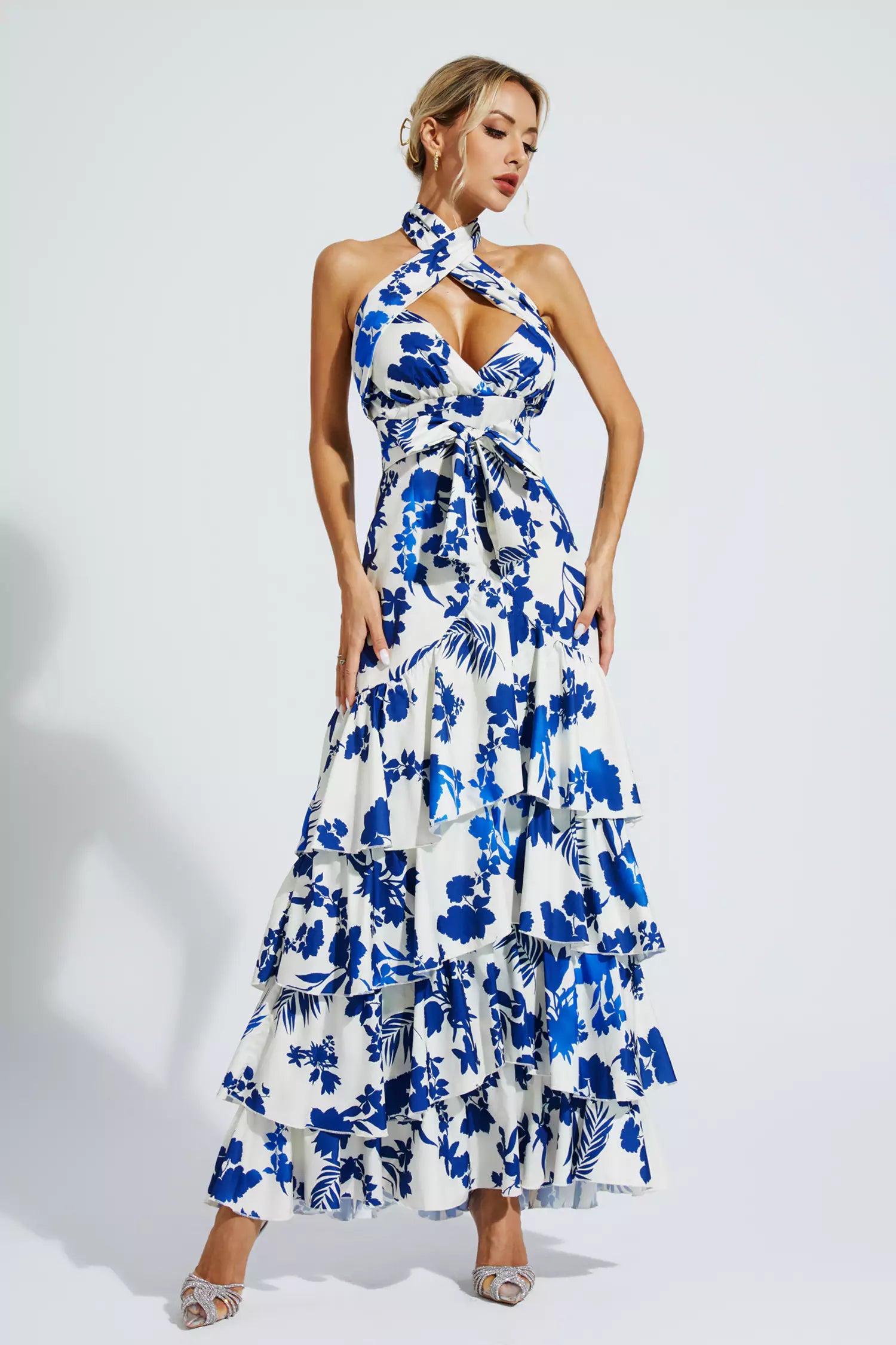 Mae Blue Bohemian Lace-up Maxi Dress-CATCHALL