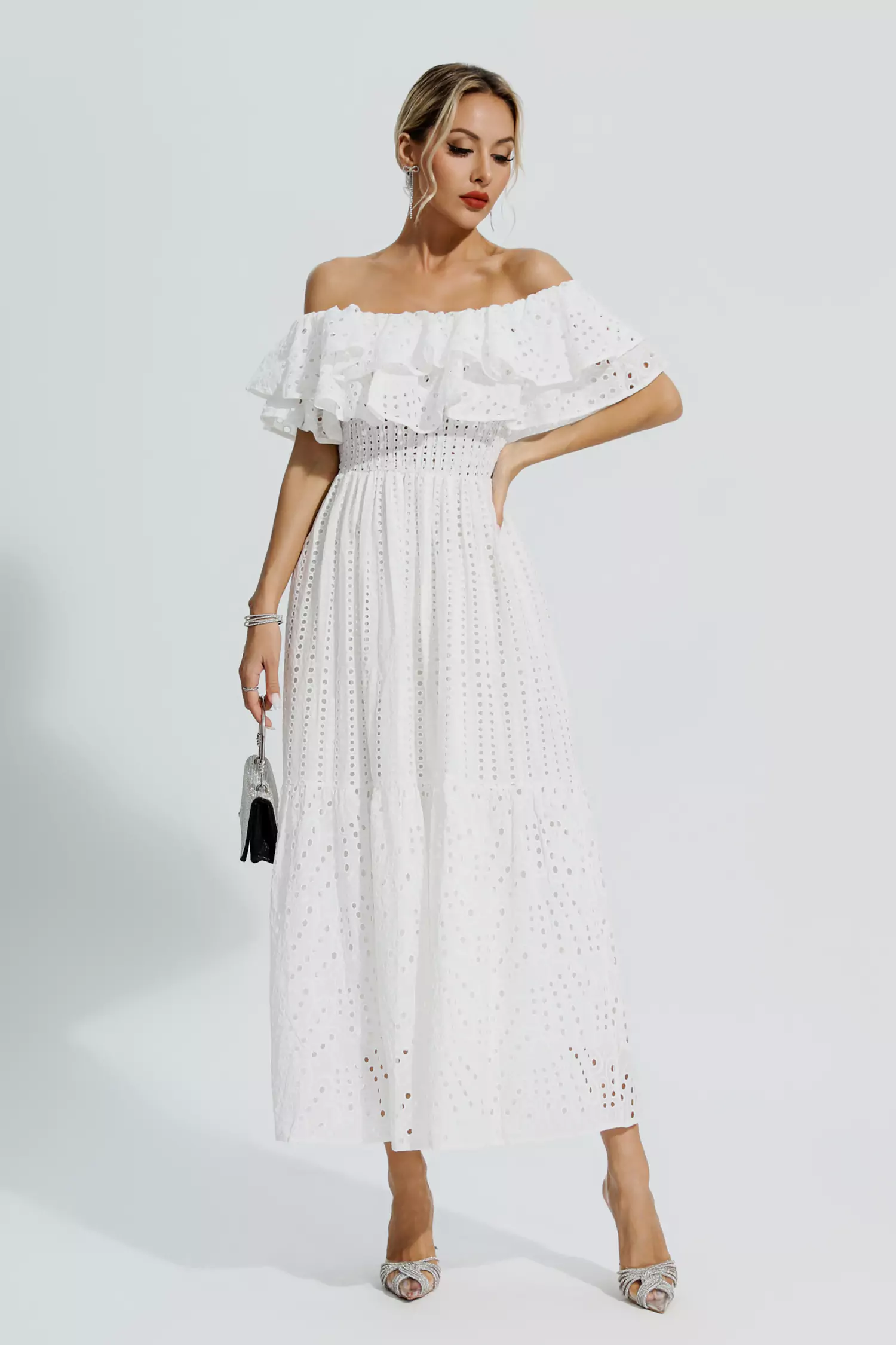 Malani White Cutout Ruffle Maxi Dress-CATCHALL