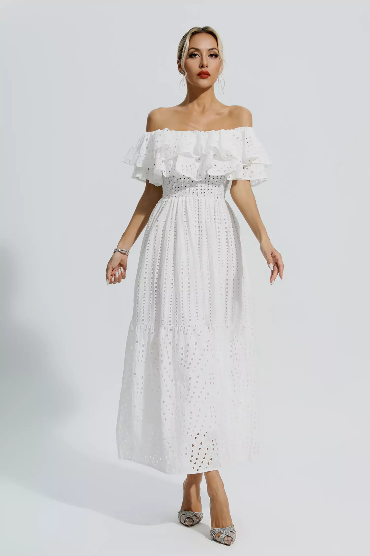 Malani White Cutout Ruffle Maxi Dress