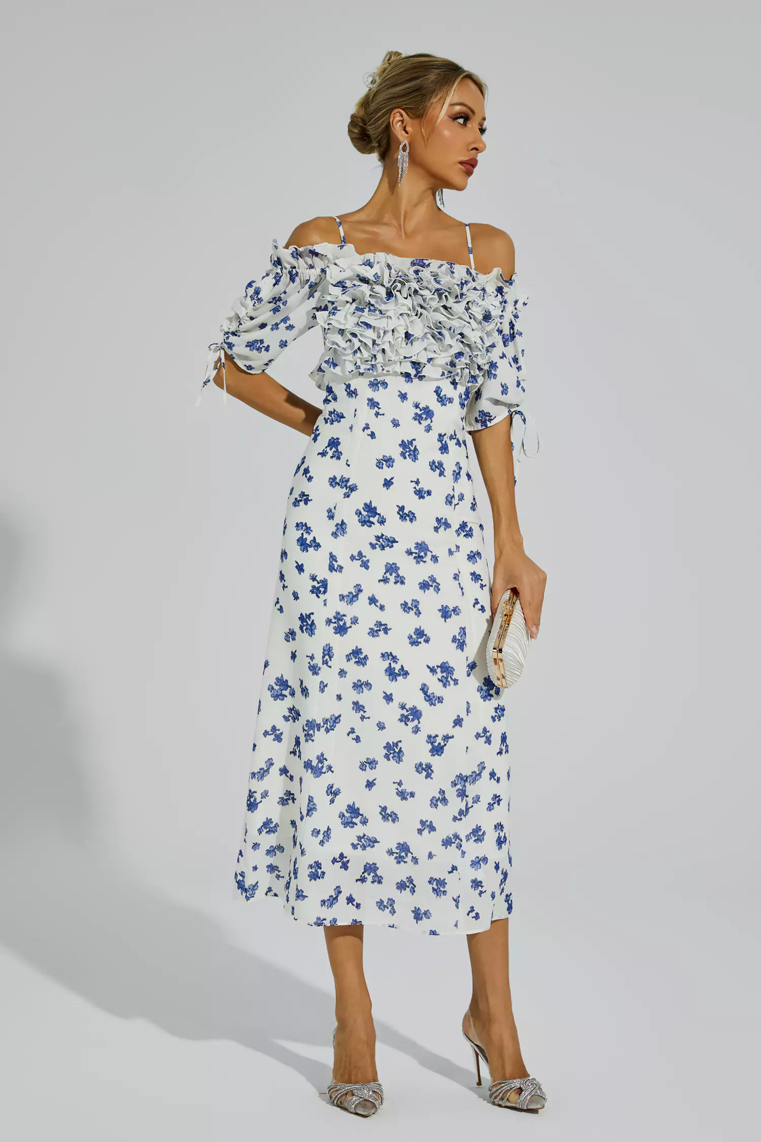 Malory White Ruffled Slip Midi Dress-CATCHALL