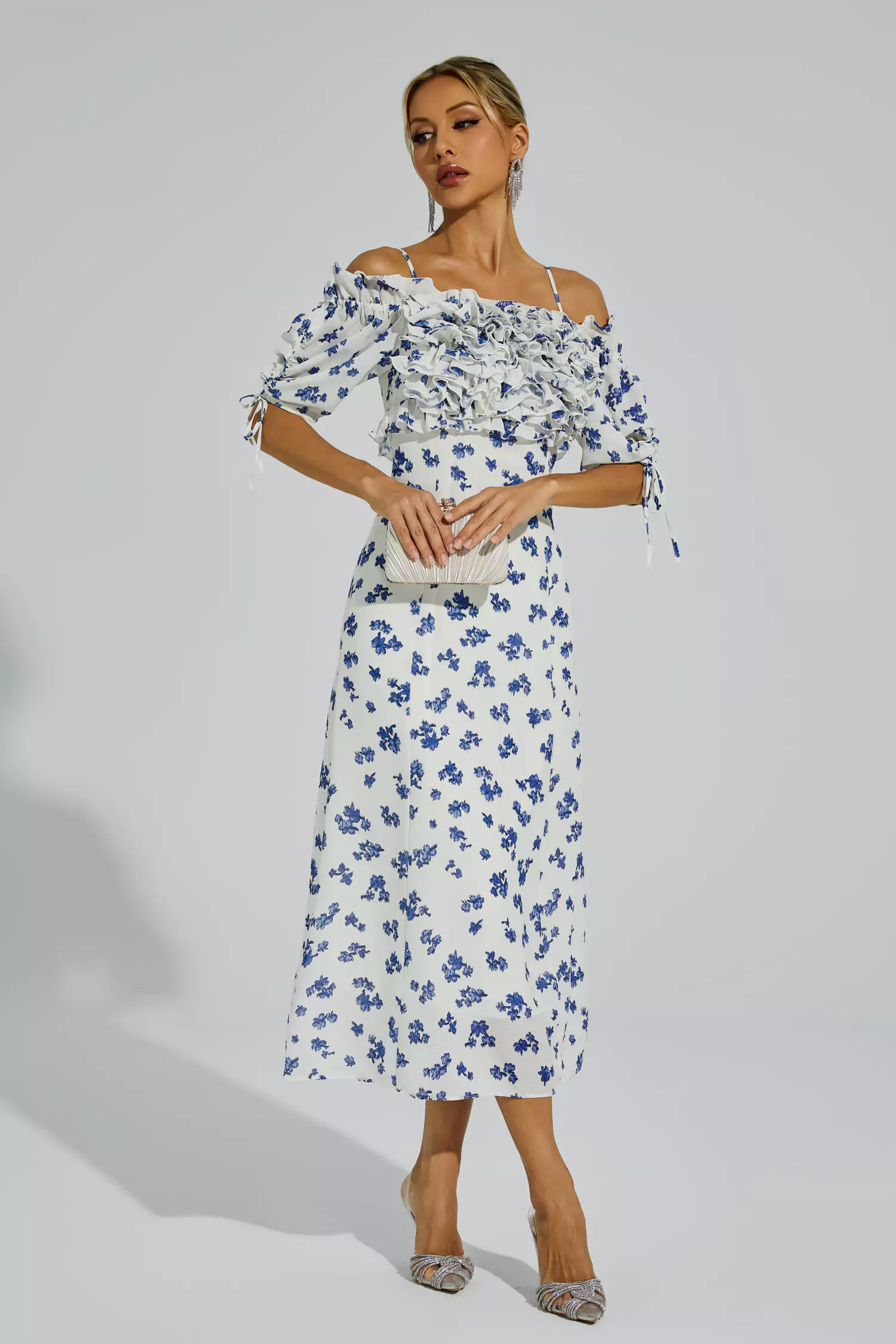 Malory White Ruffled Slip Midi Dress-CATCHALL