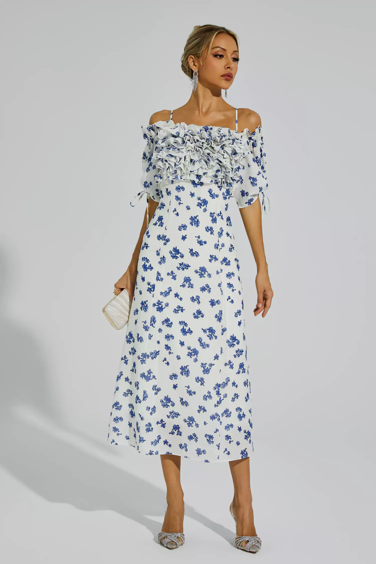 Malory White Ruffled Slip Midi Dress-CATCHALL