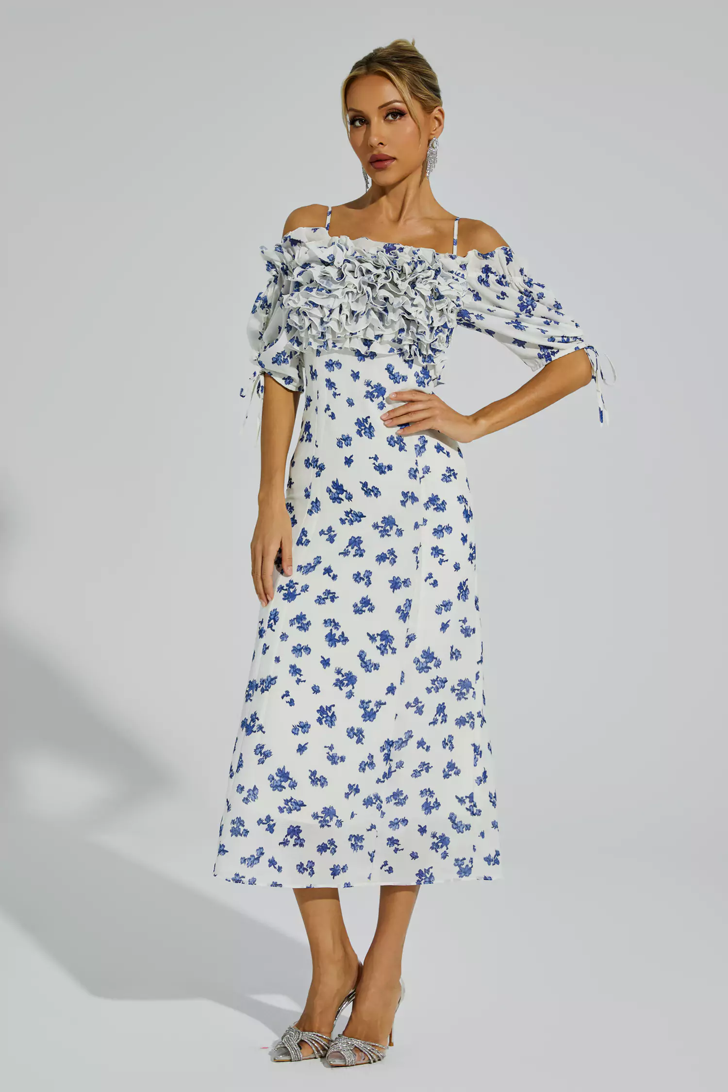 Malory White Ruffled Slip Midi Dress-CATCHALL