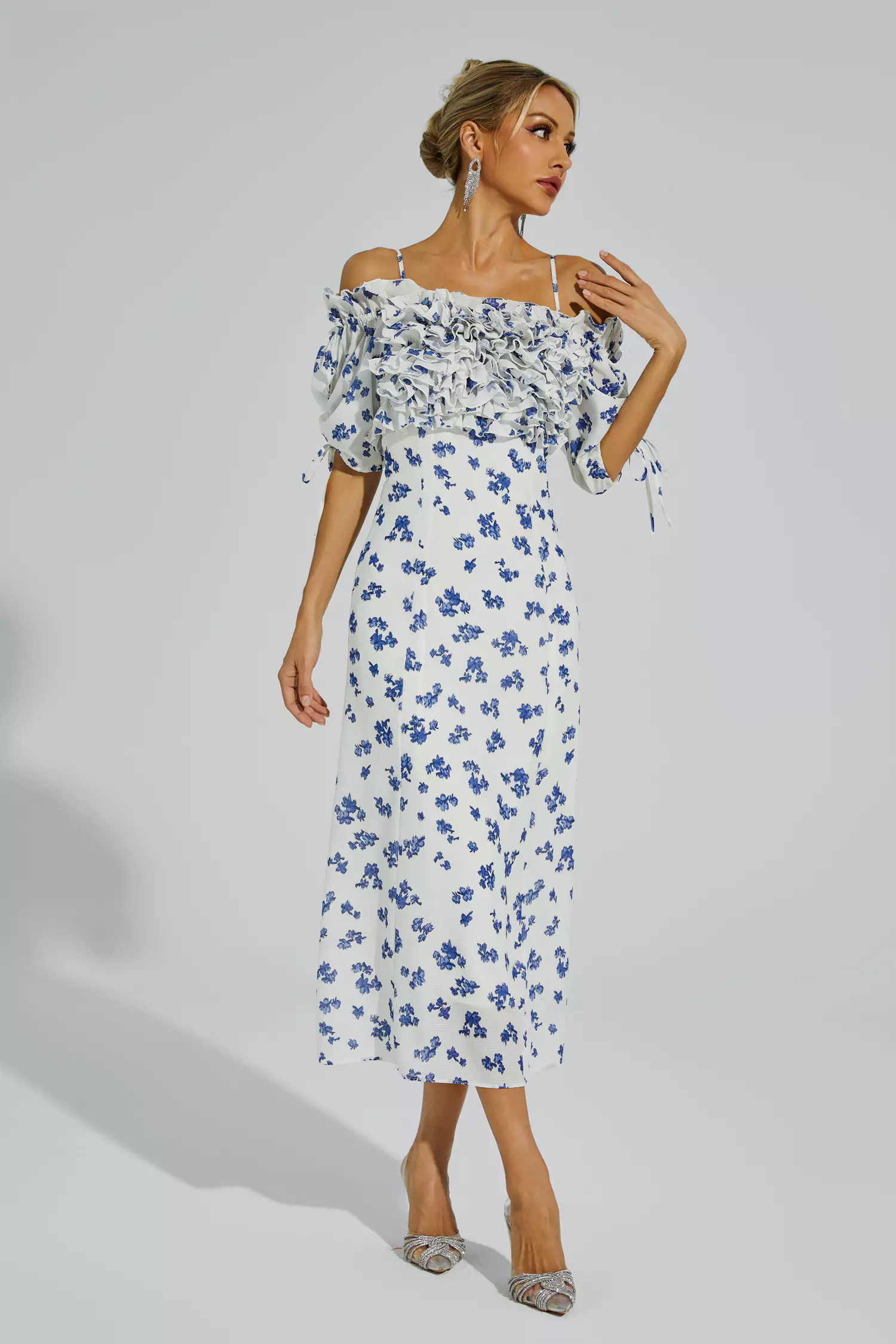 Malory White Ruffled Slip Midi Dress-CATCHALL