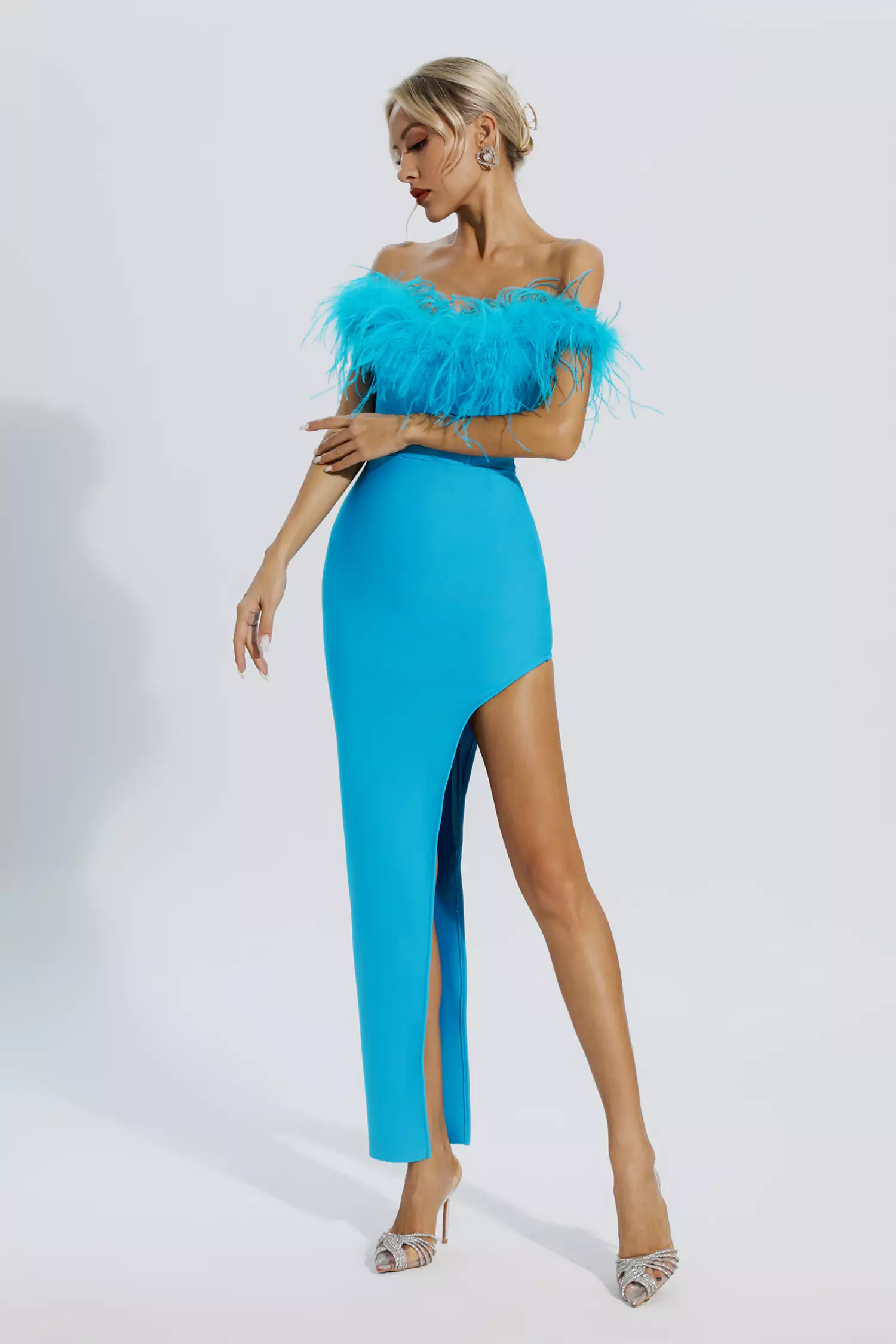 Mara Blue Ostrich Feather Bandage Dress-CATCHALL