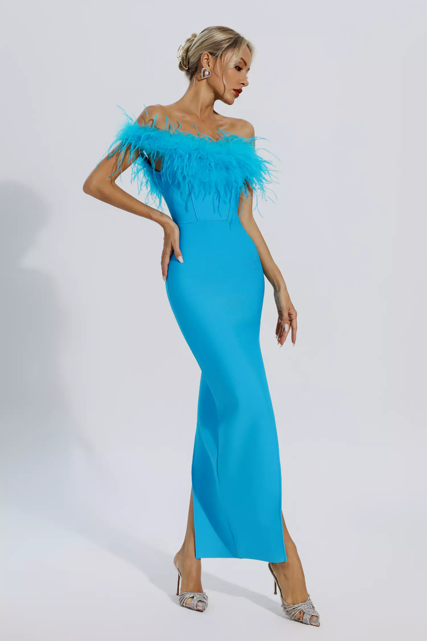 Mara Blue Ostrich Feather Bandage Dress-CATCHALL