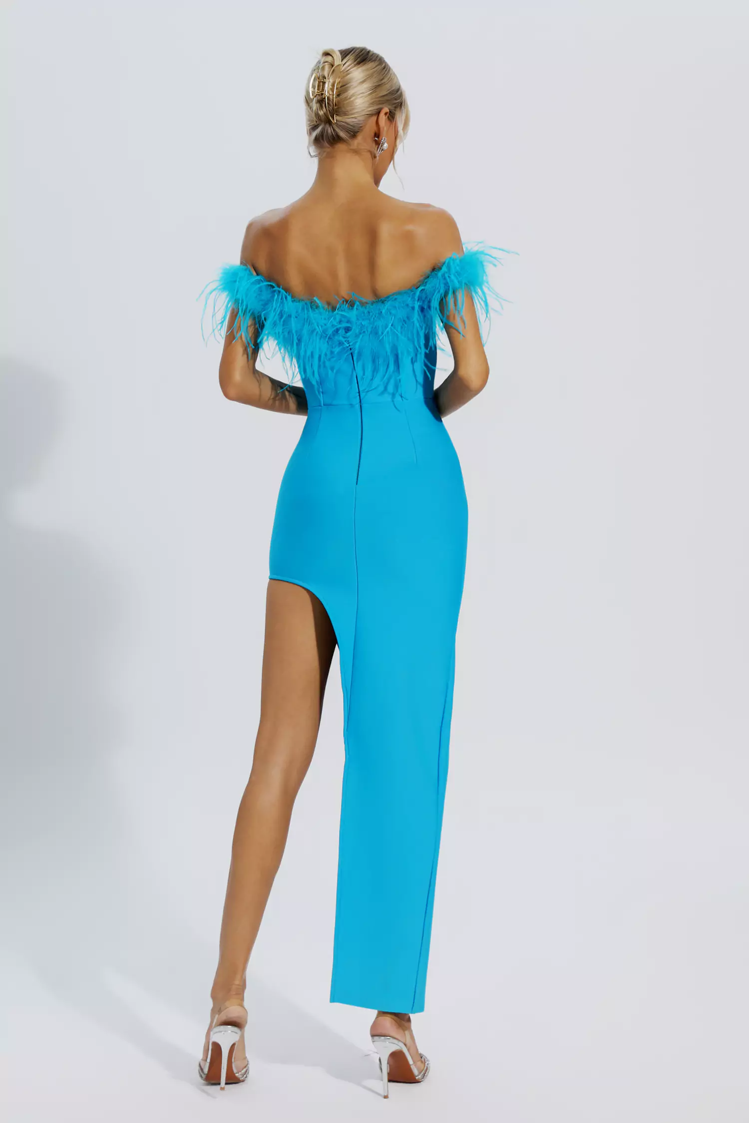 Mara Blue Ostrich Feather Bandage Dress-CATCHALL