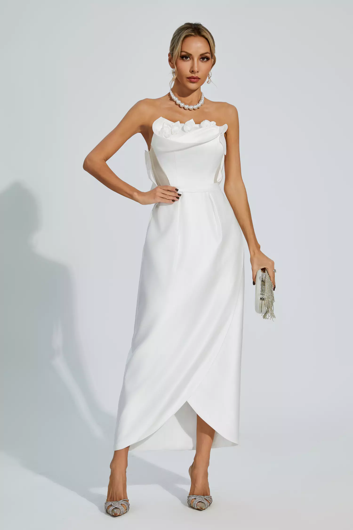 Marceline White Off Shoulder Satin Dress-CATCHALL