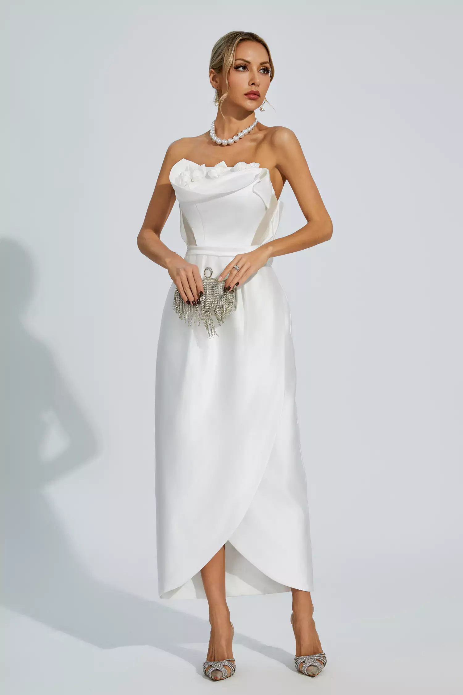 Marceline White Off Shoulder Satin Dress-CATCHALL