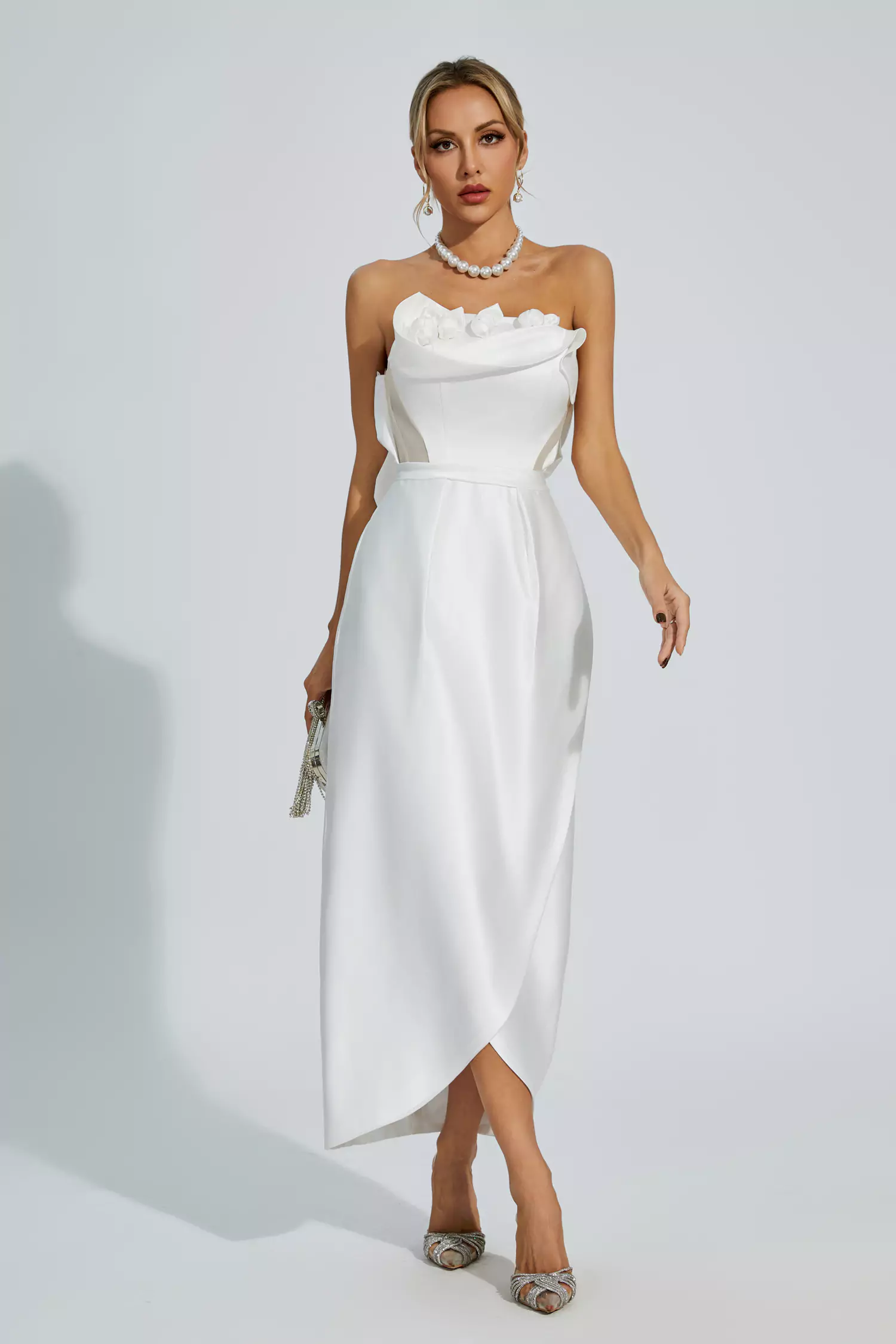 Marceline White Off Shoulder Satin Dress-CATCHALL