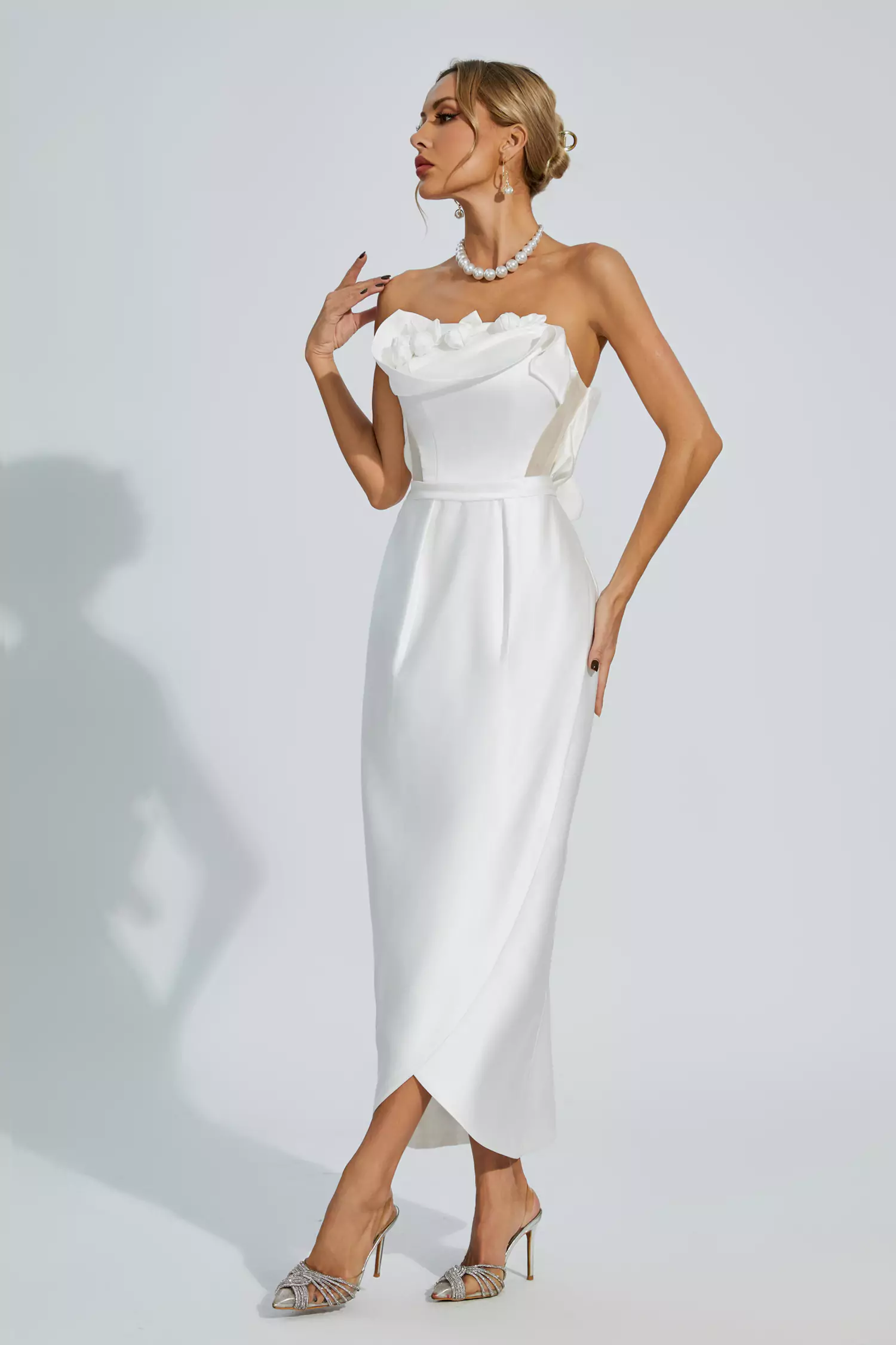 Marceline White Off Shoulder Satin Dress-CATCHALL