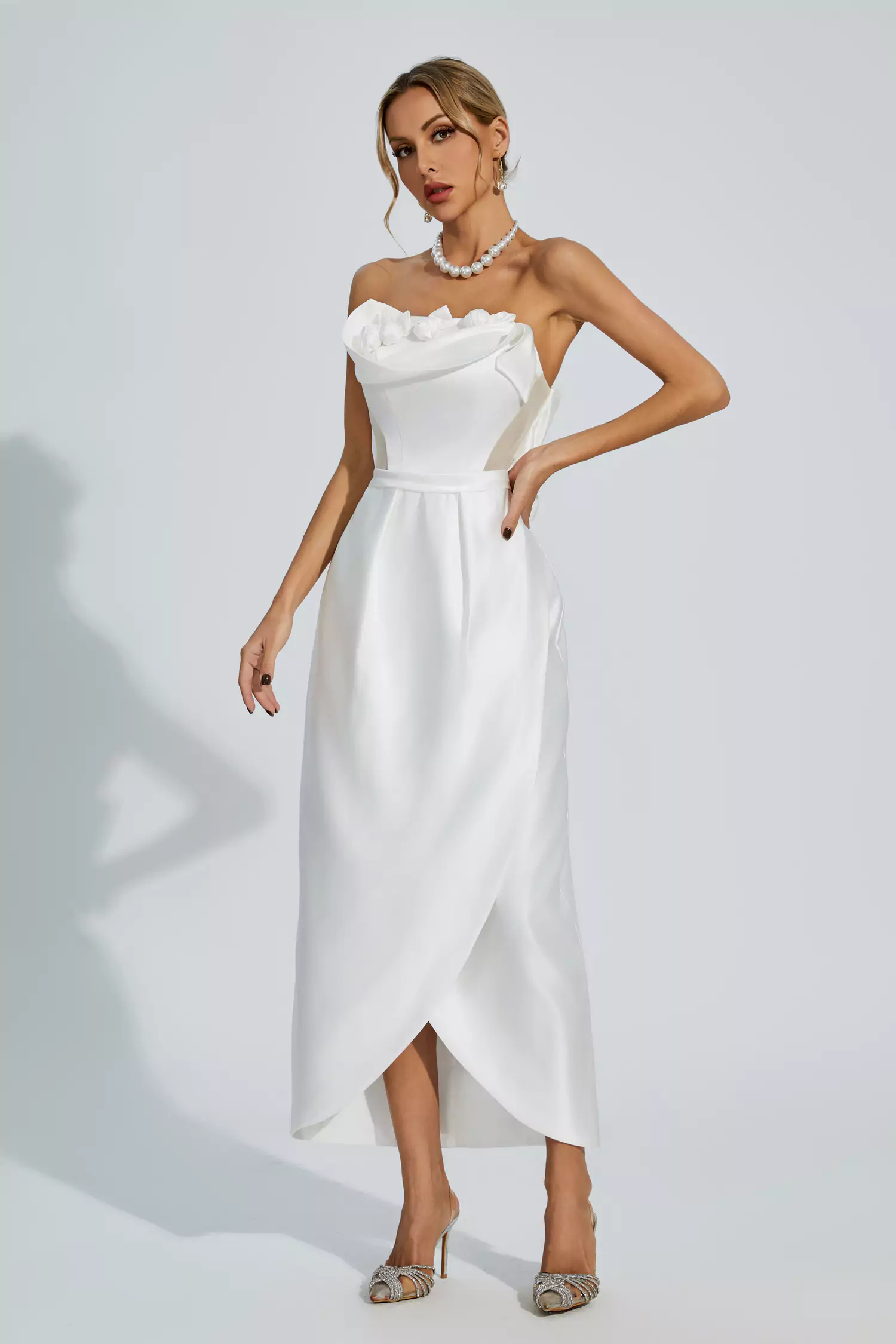 Marceline White Off Shoulder Satin Dress-CATCHALL