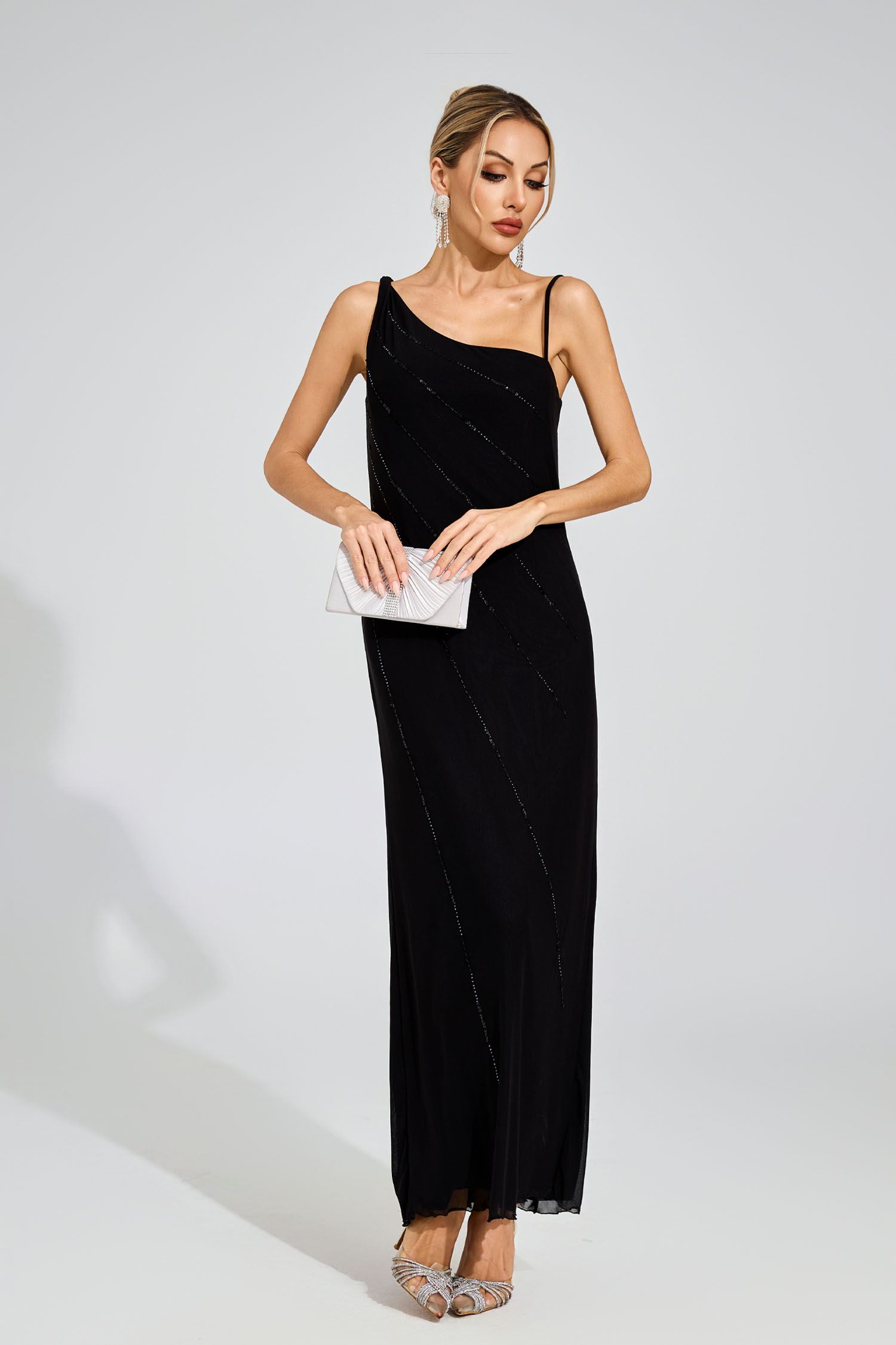Marcellus Black Asymmetric Beaded Evening Dress