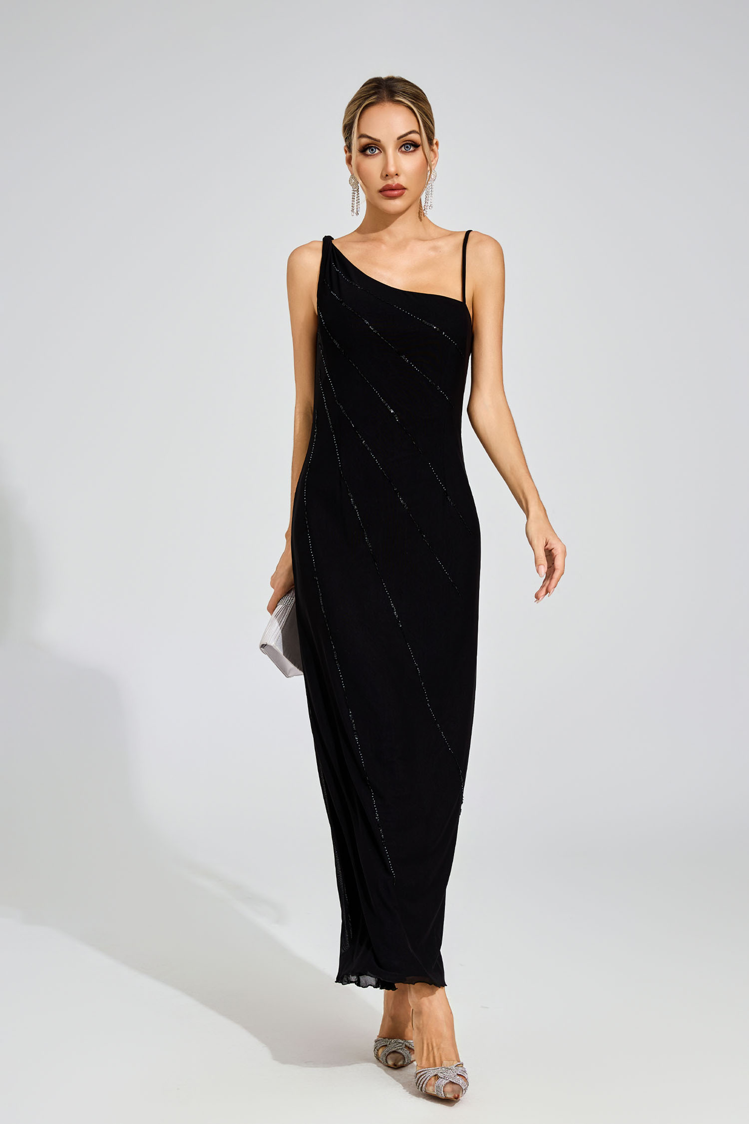 Marcellus Black Asymmetric Beaded Evening Dress