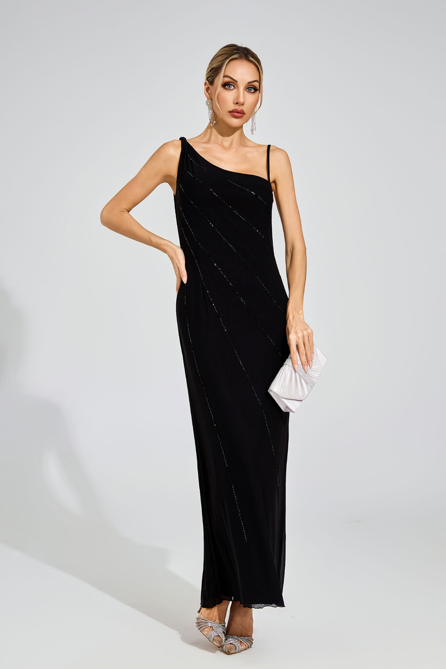 Marcellus Black Asymmetric Beaded Evening Dress