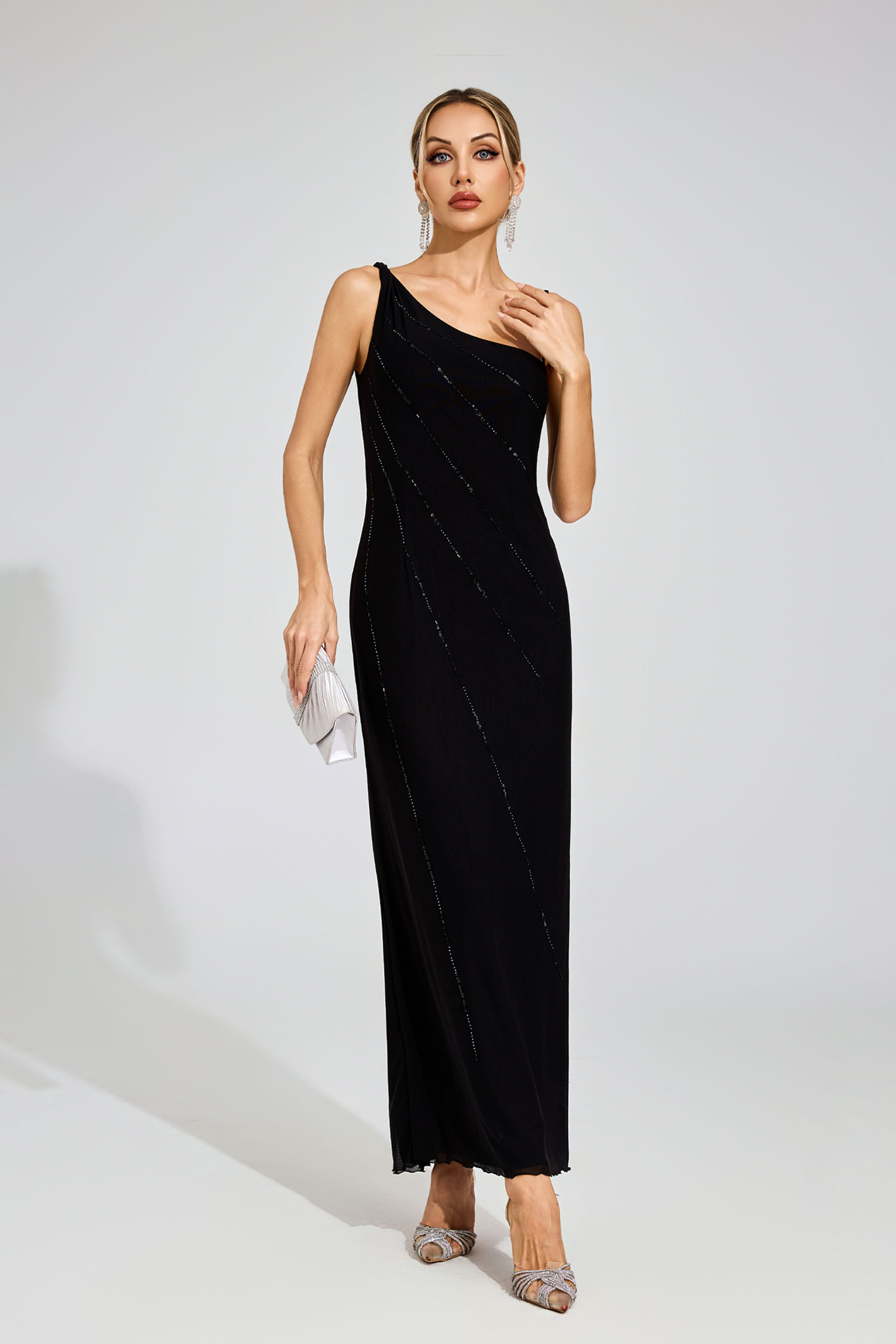 Marcellus Black Asymmetric Beaded Evening Dress