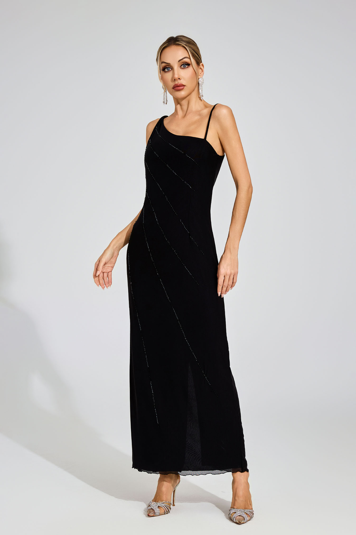 Marcellus Black Asymmetric Beaded Evening Dress