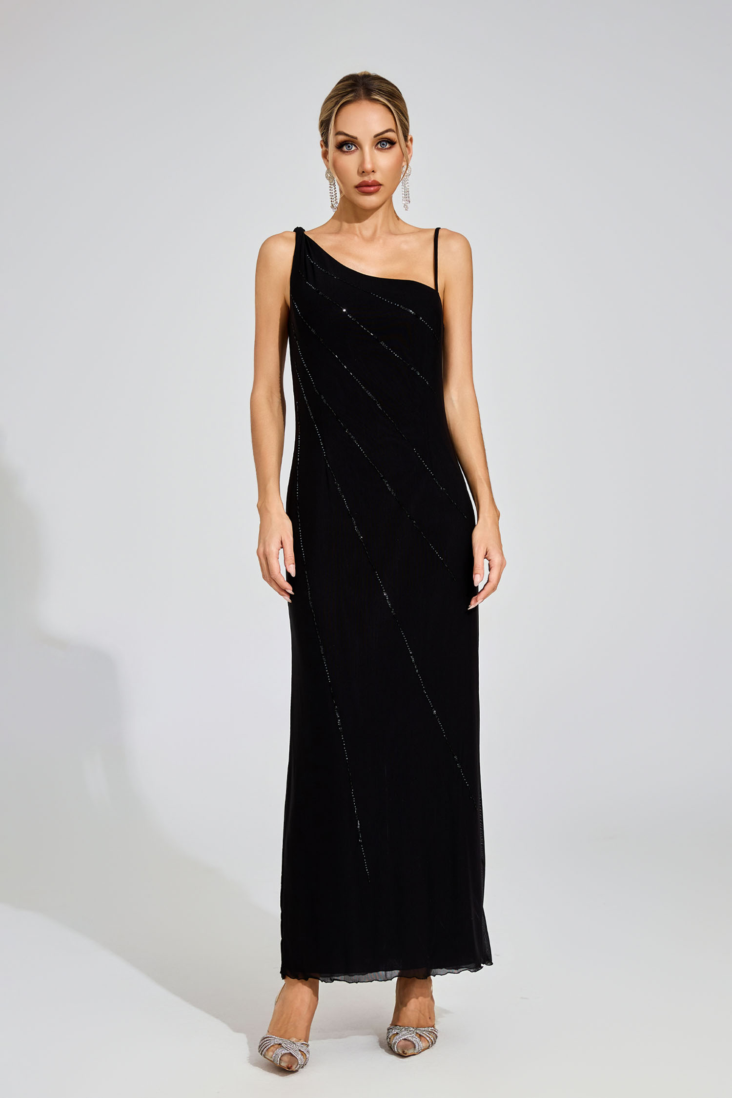 Marcellus Black Asymmetric Beaded Evening Dress