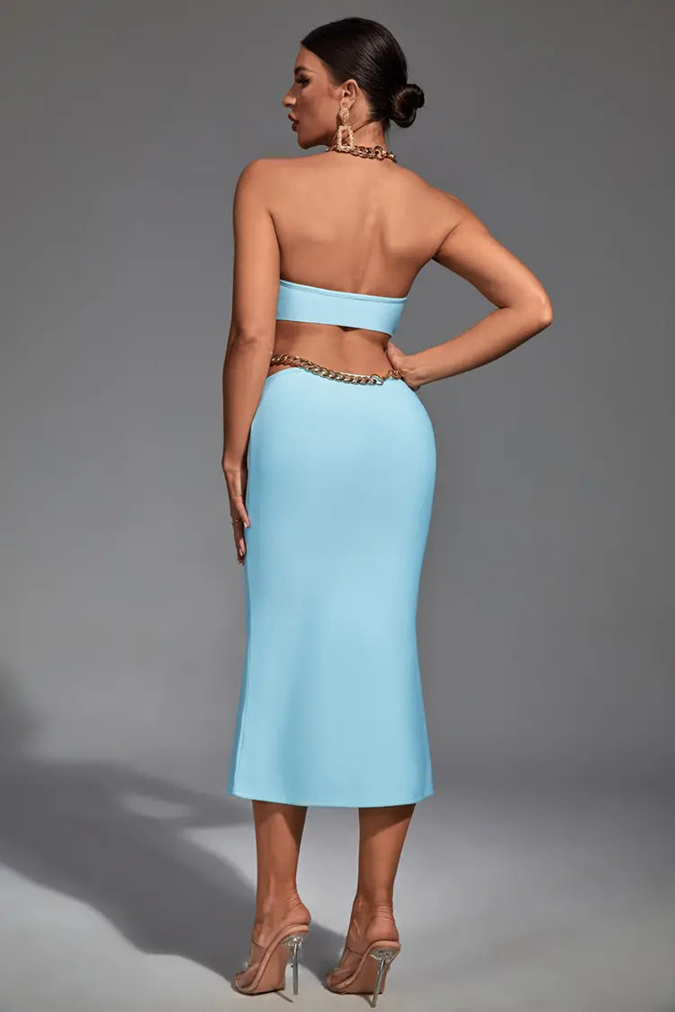 Margaret Blue Cutout Halterneck  Midi Dress-CATCHALL