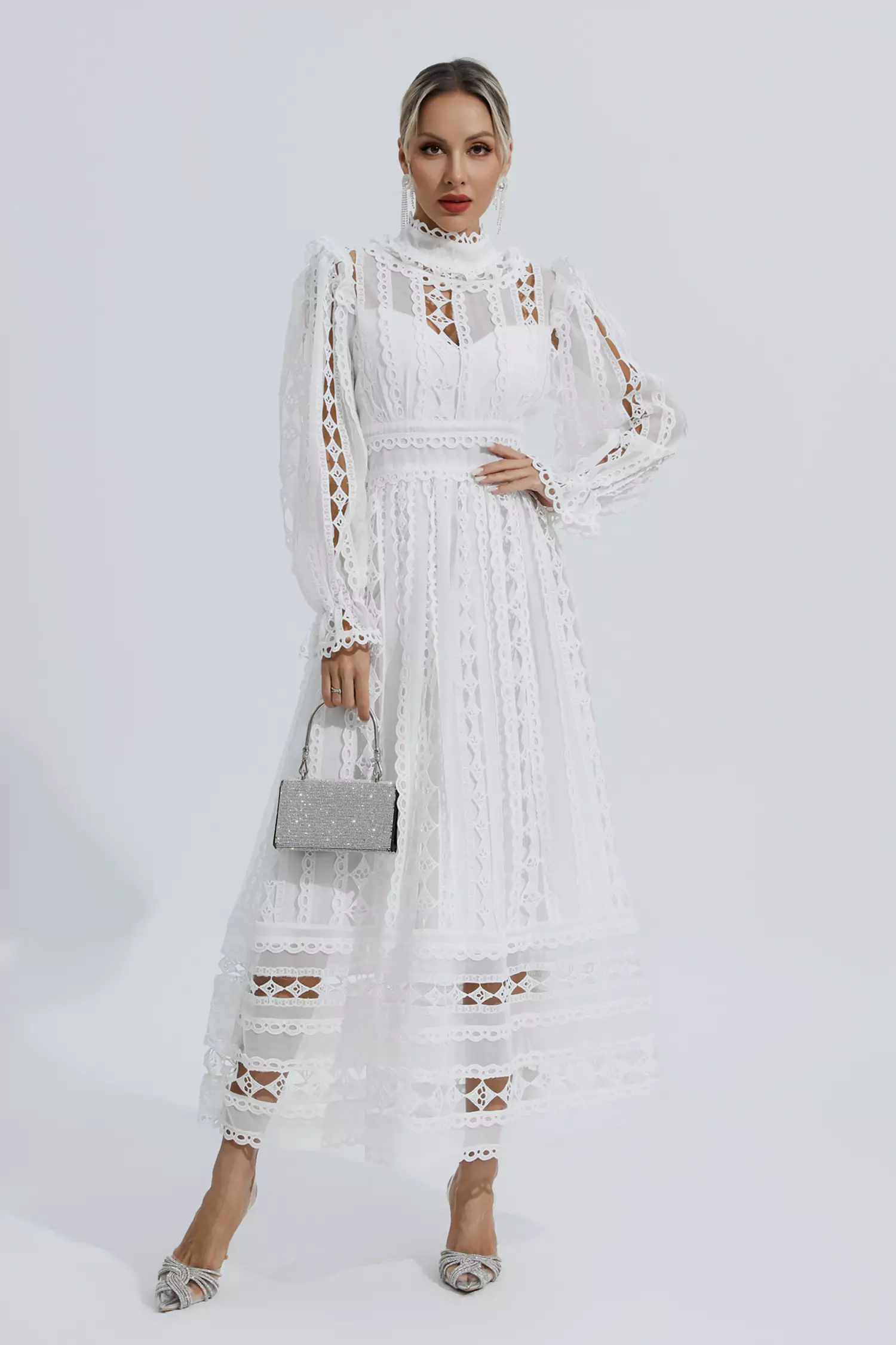 Mariam White Hollow Lace Long Sleeve Dress