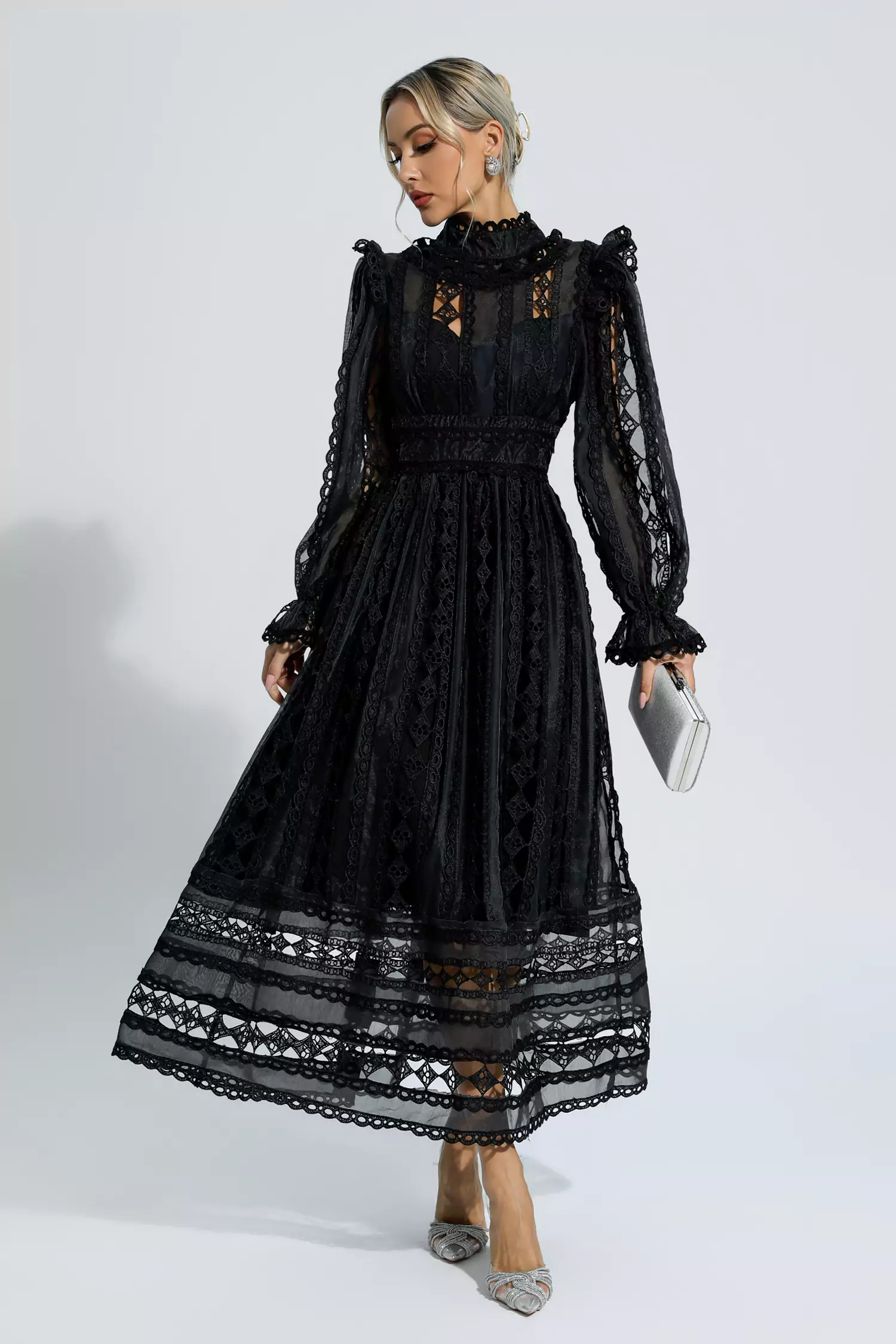Mariam Black Hollow Lace Long Sleeve Dress-CATCHALL