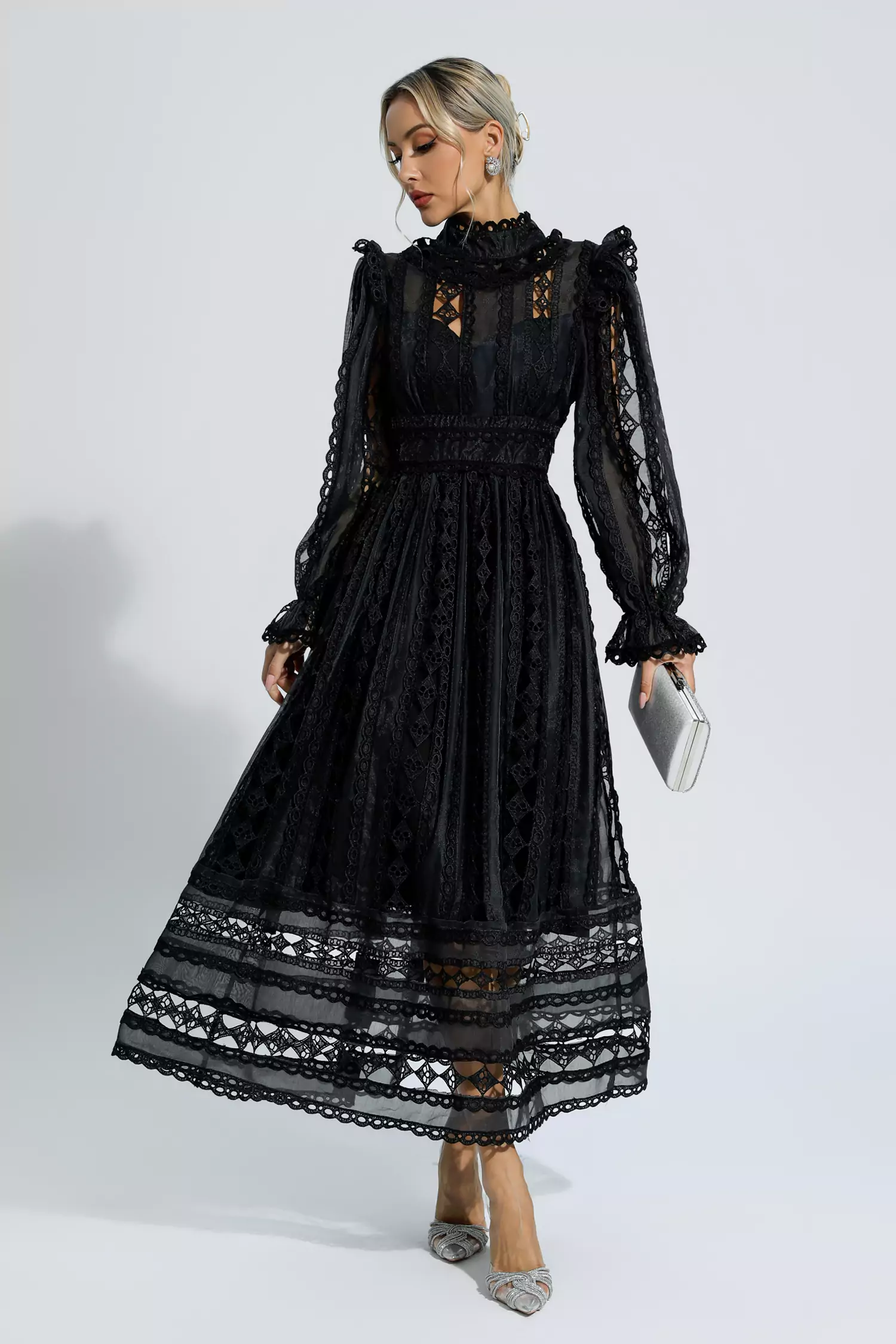 Mela Black Delicate Lace Long Sleeve Dress