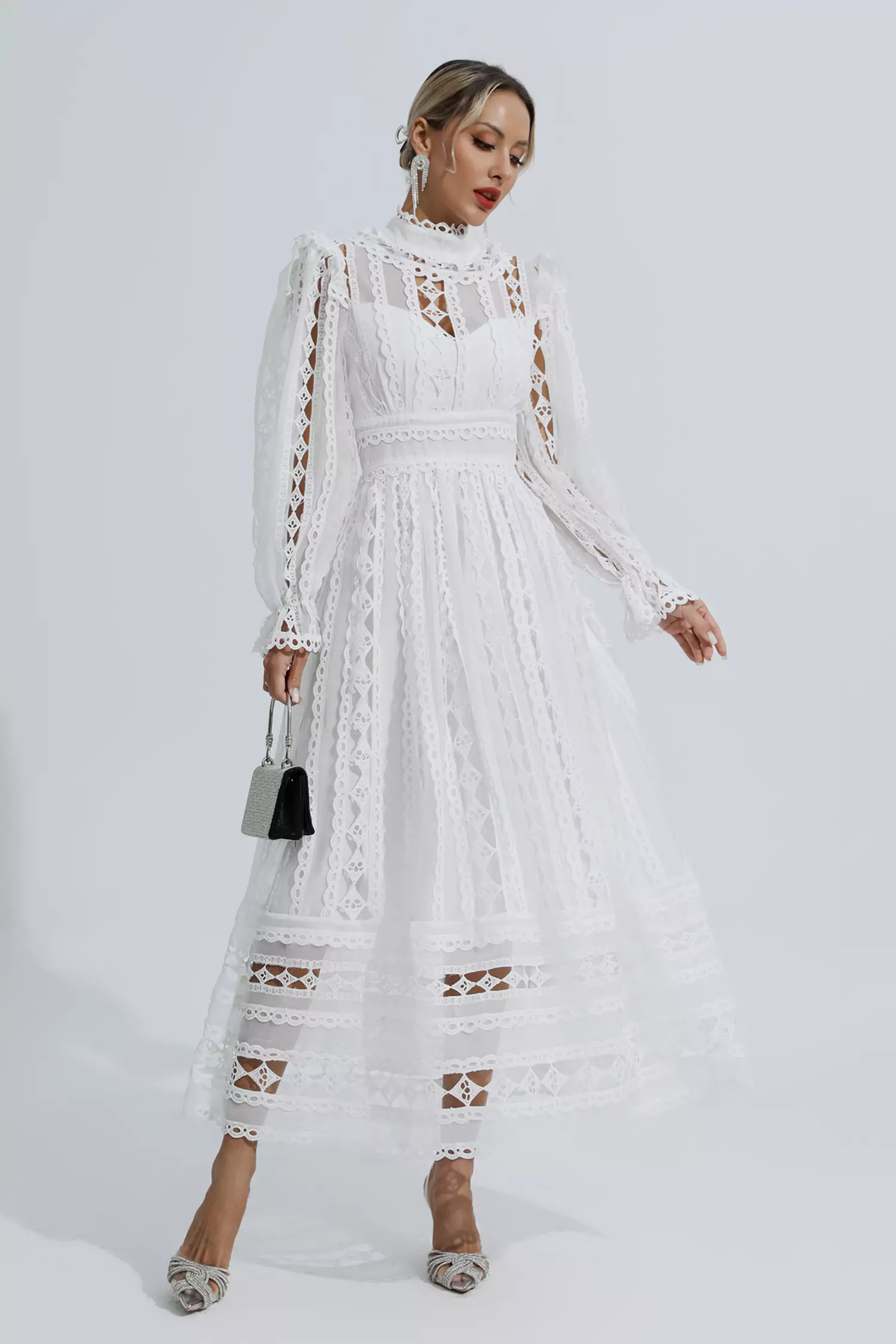 Mariam White Hollow Lace Long Sleeve Dress-CATCHALL