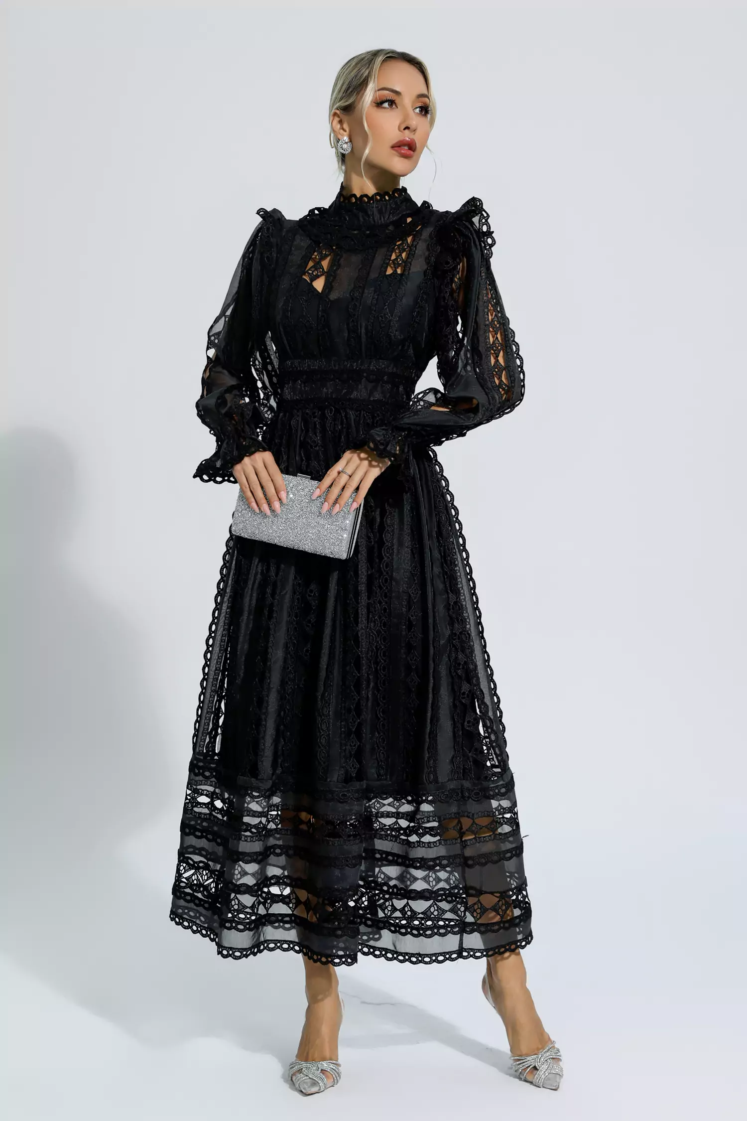 Mariam Black Hollow Lace Long Sleeve Dress-CATCHALL