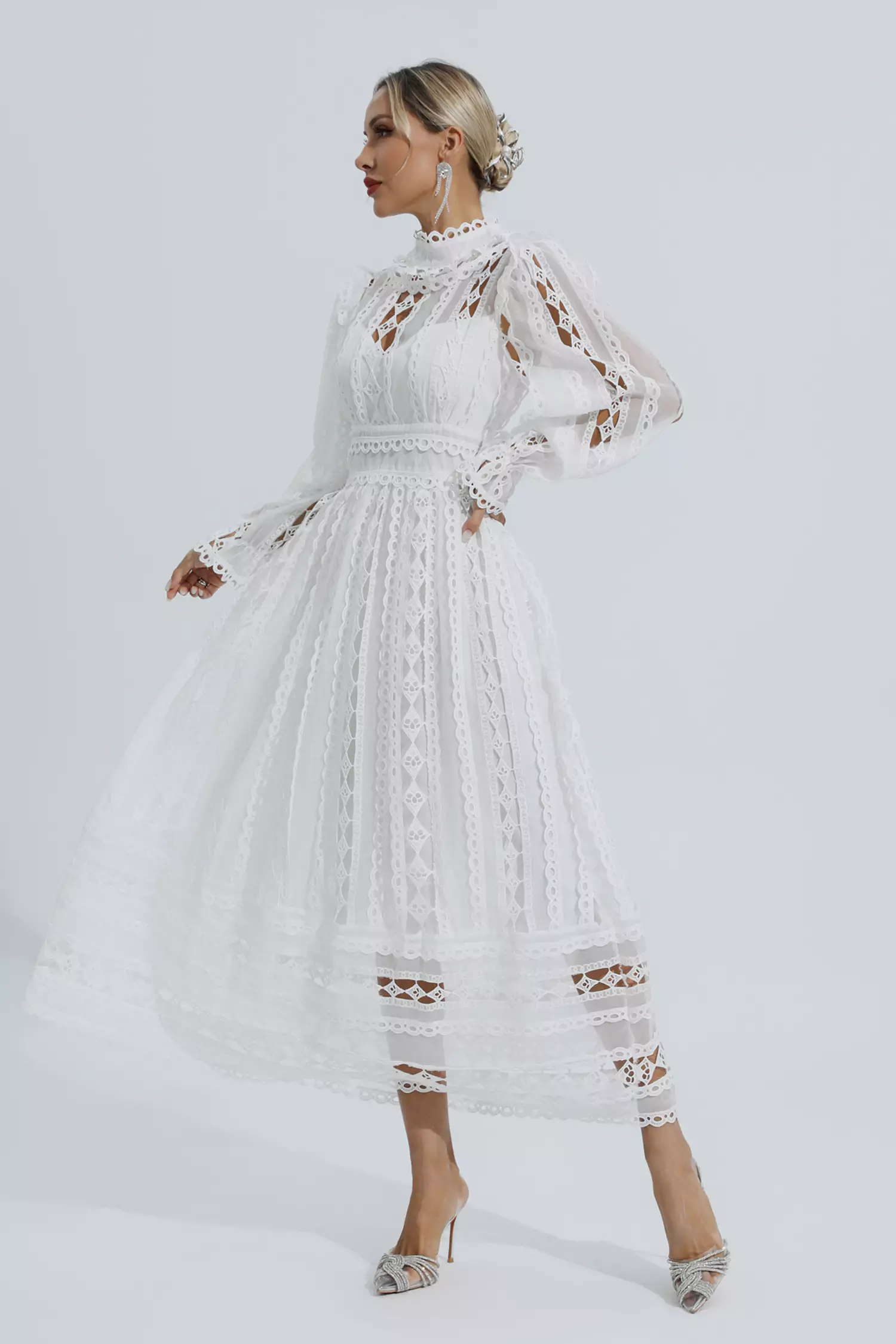 Mariam White Hollow Lace Long Sleeve Dress-CATCHALL