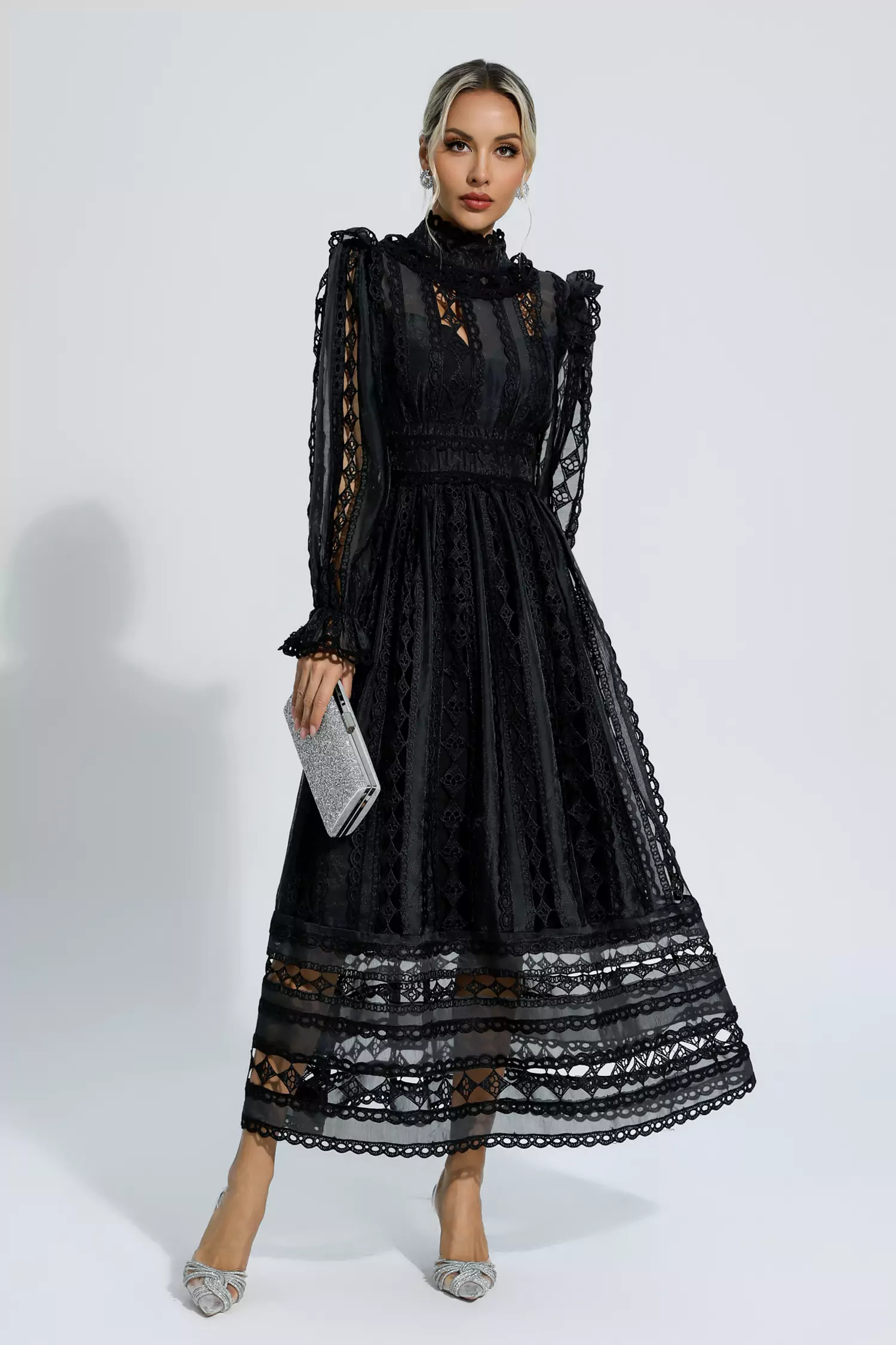 Mariam Black Hollow Lace Long Sleeve Dress