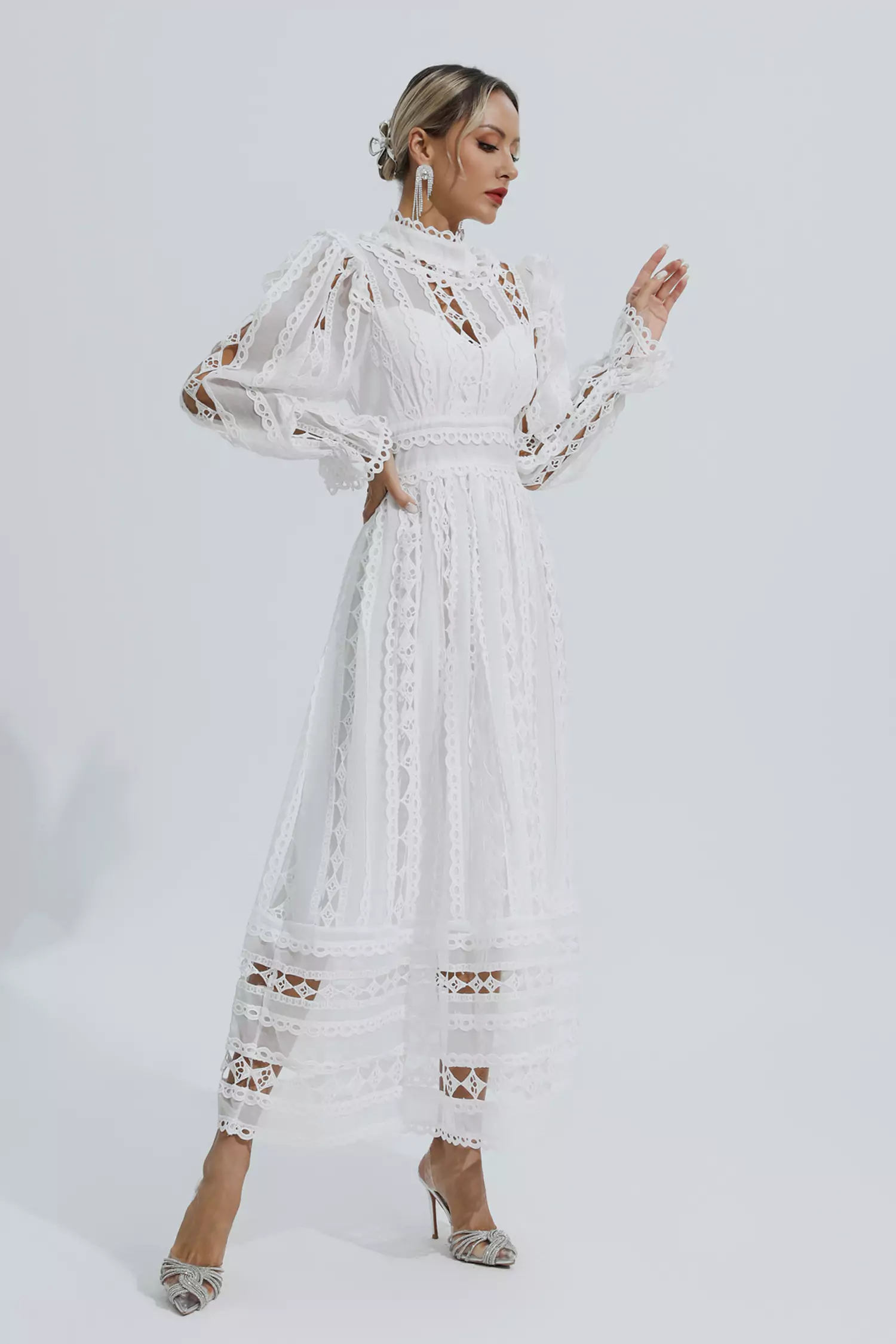 Mariam White Hollow Lace Long Sleeve Dress-CATCHALL