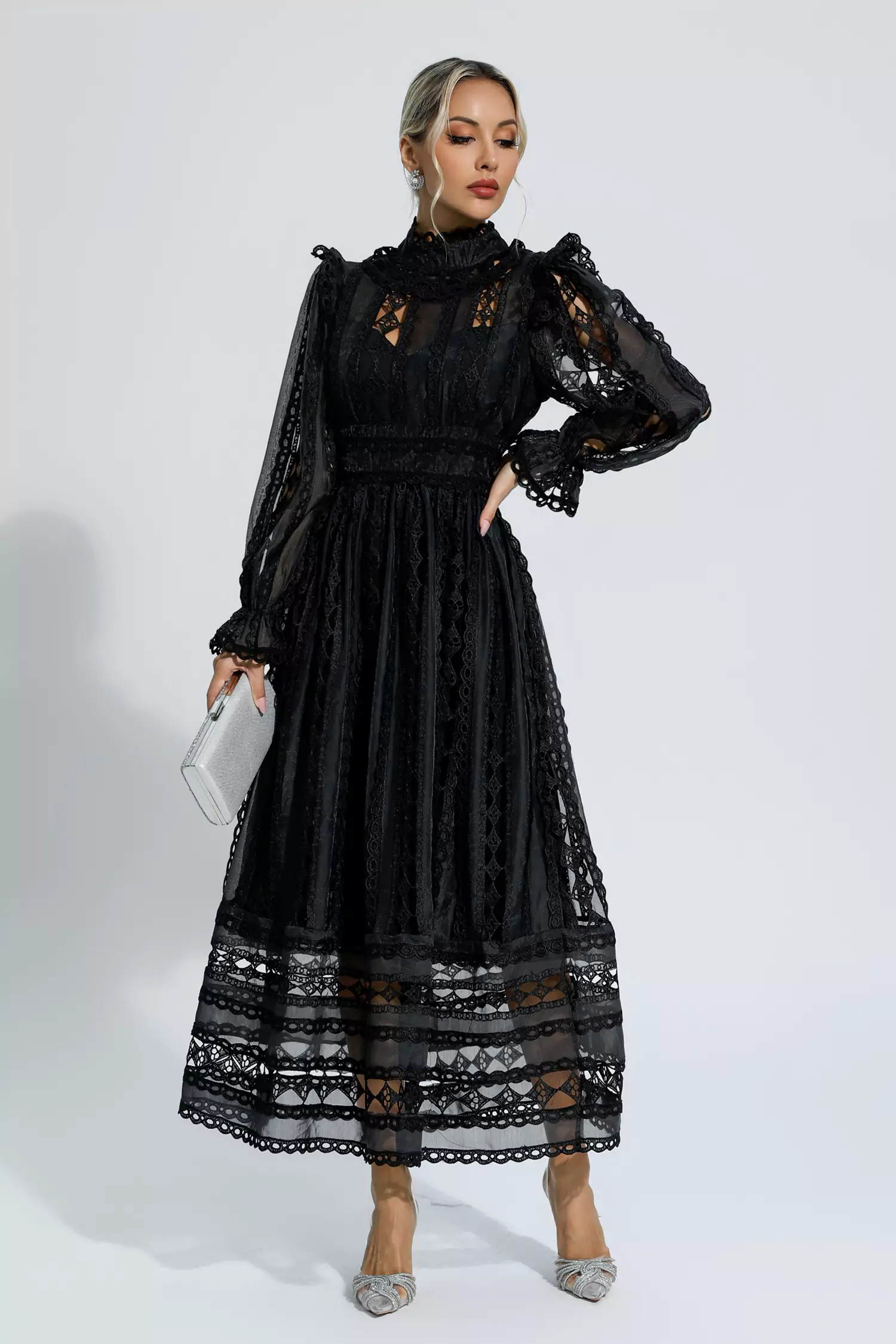 Mariam Black Hollow Lace Long Sleeve Dress-CATCHALL