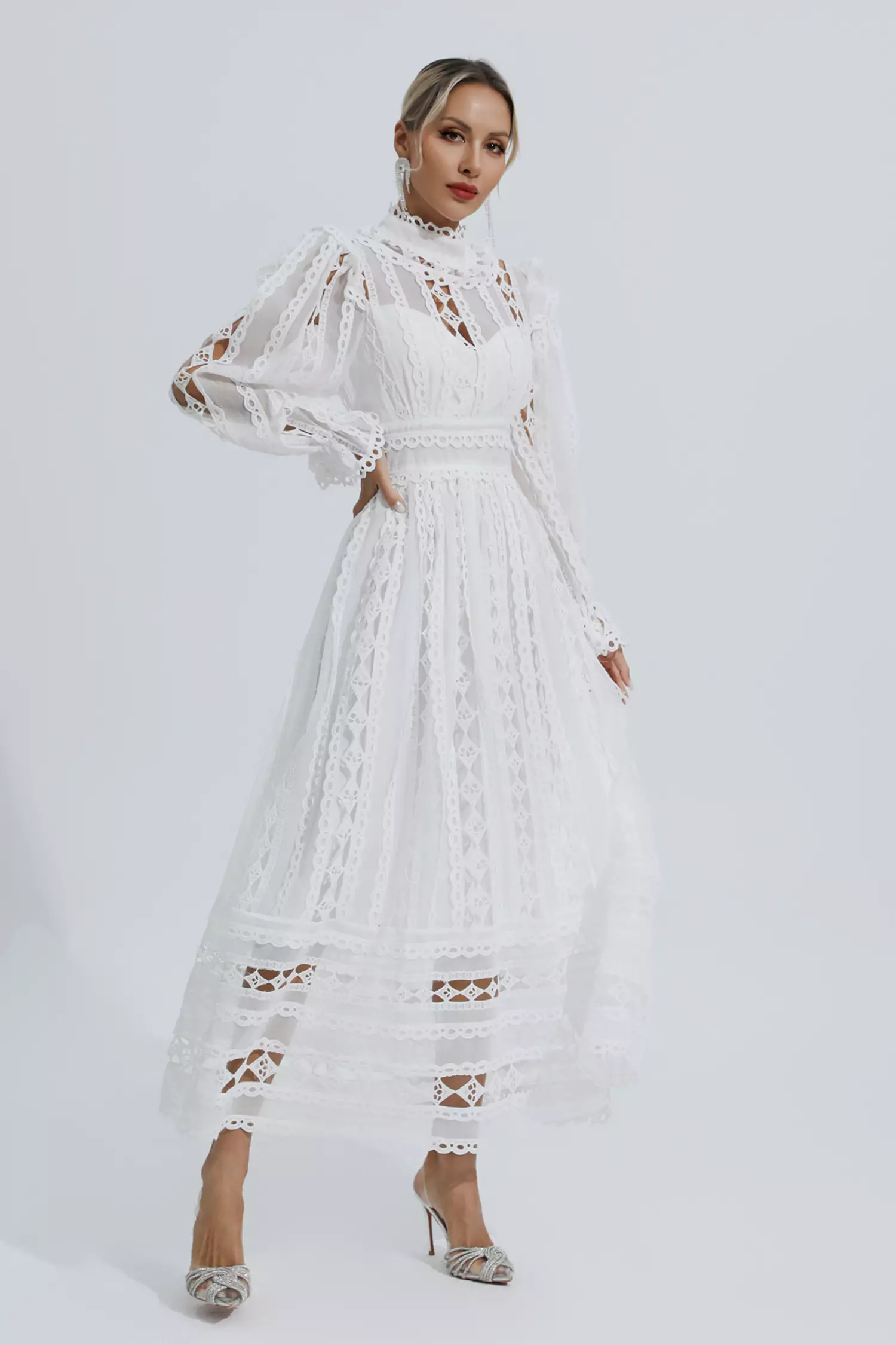 Mariam White Hollow Lace Long Sleeve Dress-CATCHALL