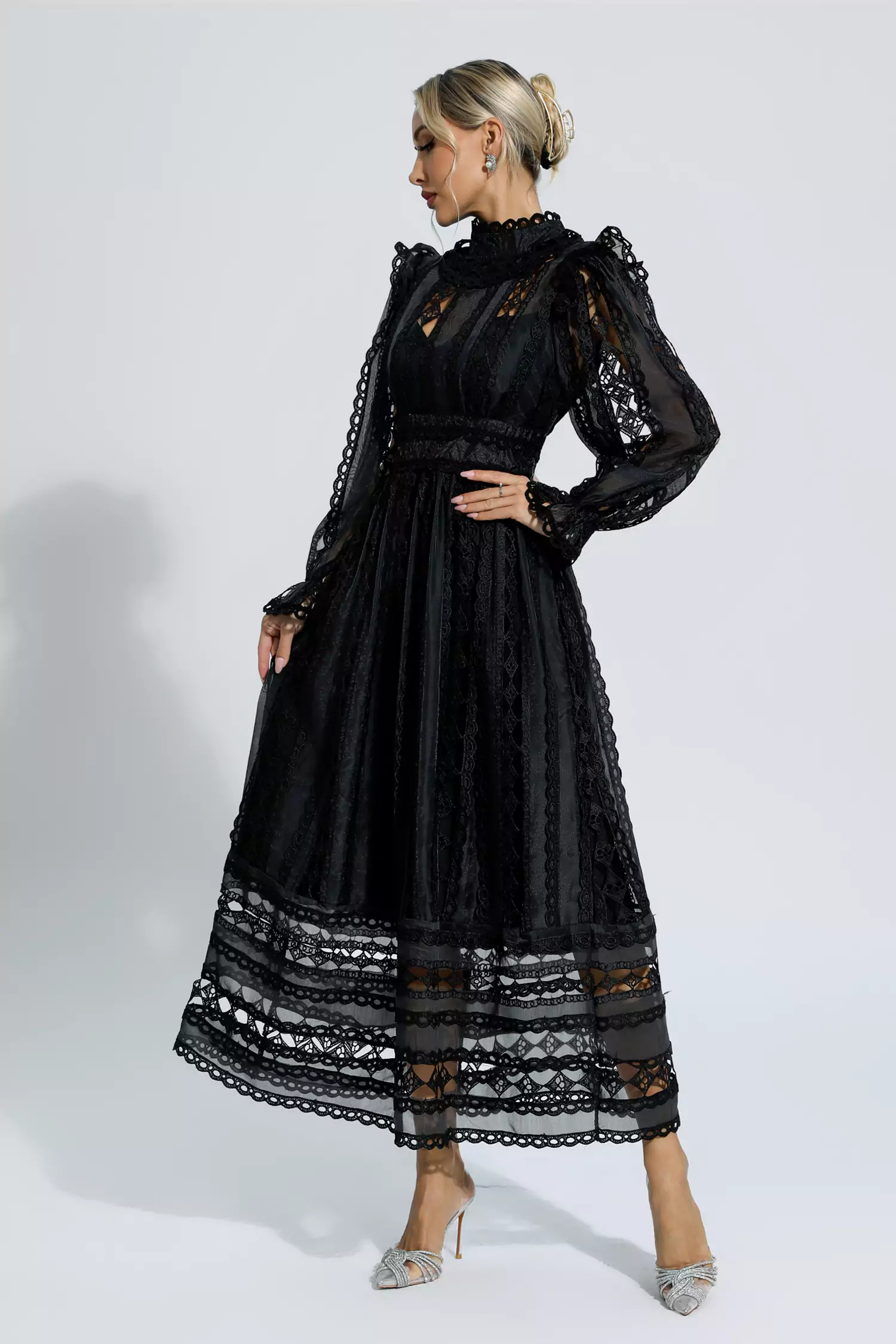 Mariam Black Hollow Lace Long Sleeve Dress-CATCHALL
